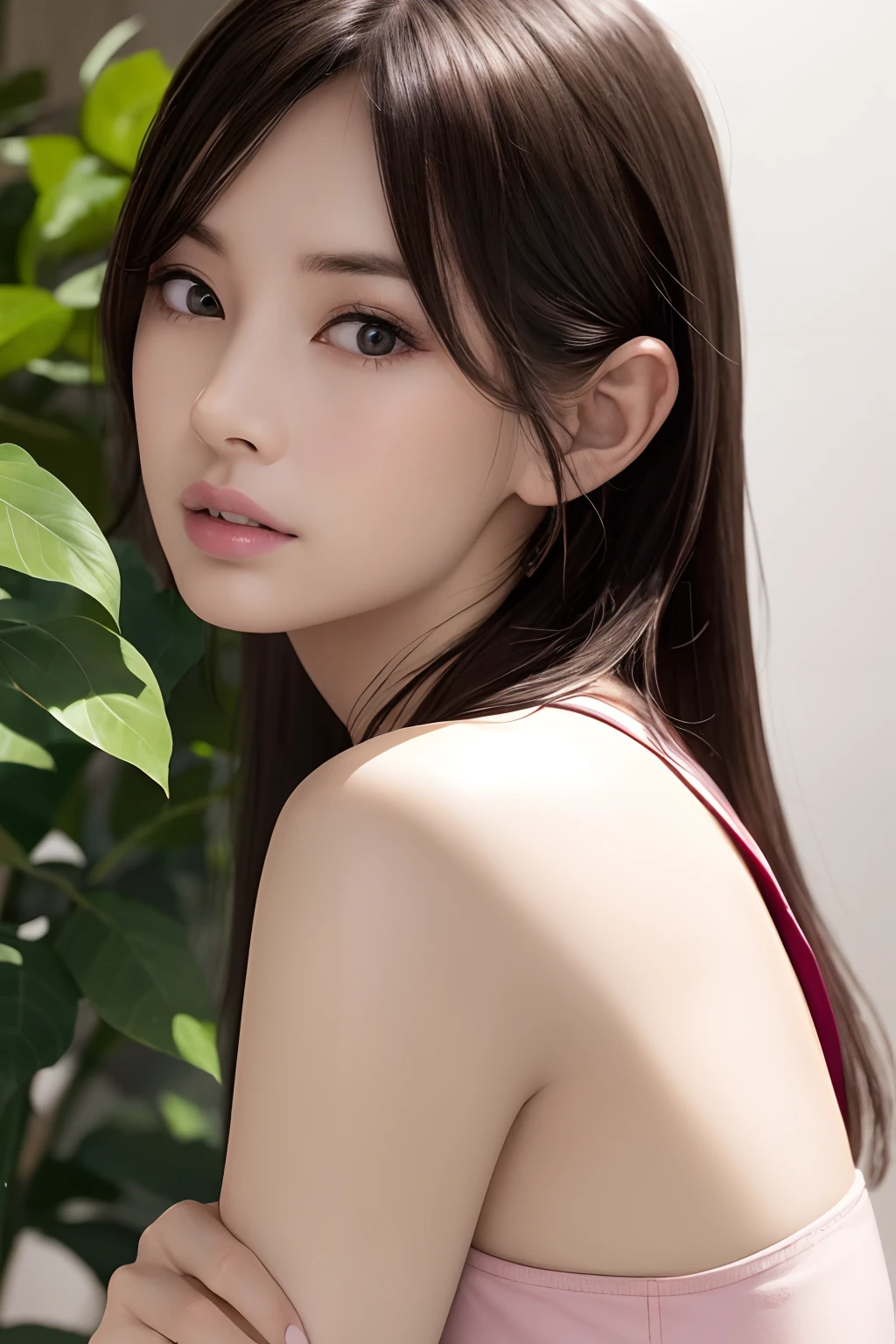 (raw photo:1.2), (photorealistic:1.4), beautiful detailed girl, very detailed eyes and face, beautiful detailed eyes, ridiculous, incredibly ridiculous, huge file size, super detailed, high resolution, very detailed, best quality, masterpiece, illustration, very detailed, CG, unified, 8k wallpaper, amazing, Fine details, masterpiece, best quality, very detailed CG uniform 8k wallpaper, light on face, cinematic lighting, pale skin, a close up of a woman in a pink sleeveless dress posing for a picture, beautiful Japanese woman, beautiful young Japanese woman, big eyes:1.1, double eyelids:1.1, thick lips, parted lips:0.8, shoot from side, looking at viewer,