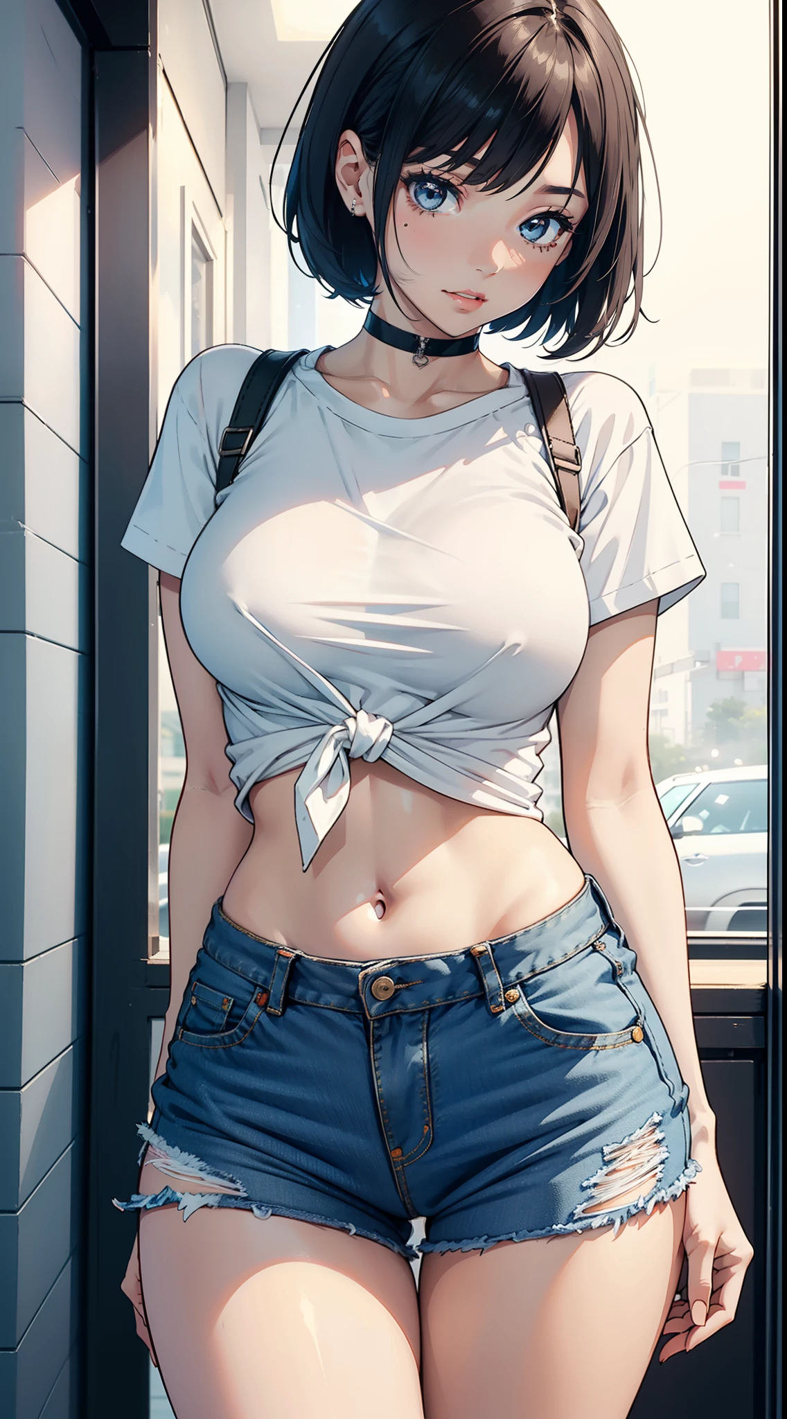 "Flirty expression, 1 Cute and attractive girl in a white tight t-shirt and separate shirt tied at waist, wearing jeans short skirt. She has a nice body with slim thighs, showing half of her body up to mid-thigh level."