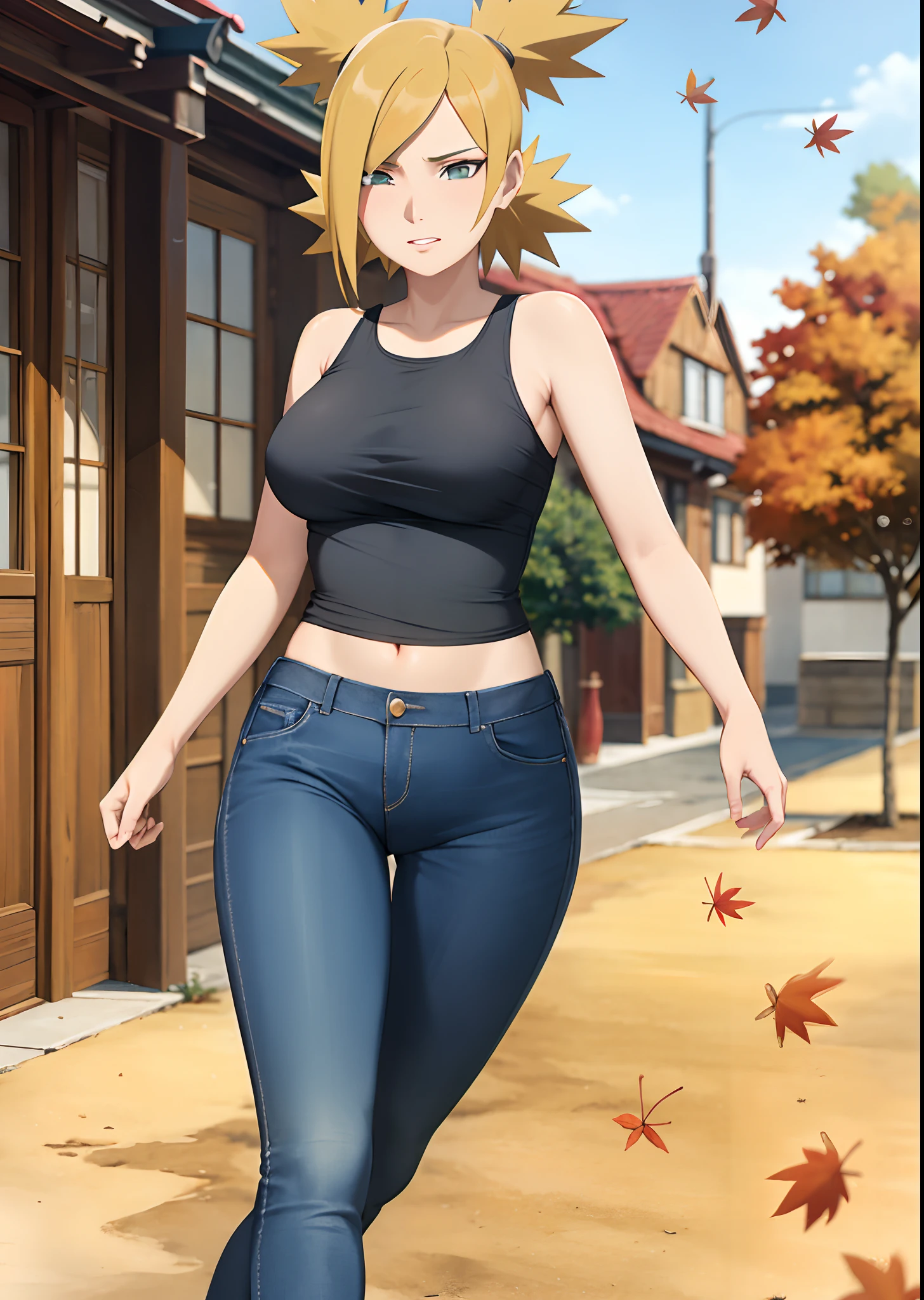 Meisterwerk, absurdres , (Komplizierte Details), (bunt),Filmische Beleuchtung,bust shot,extrem detailliertes CG Unity 8k Wallpaper,Lehrplan\(Naruto Shippuden\), 1girls, reifes Weibchen,Tanktop,jeans,  sitzend, al fresco, (falling leaves:1.3), Herbstlaub, (Herbst), Sonnenlicht, Ahornbaum, Gescheitelte Lippen,Wind,  Blick auf den Betrachter,weiter ausschnitt,show ,show breasts,Teenage Temari