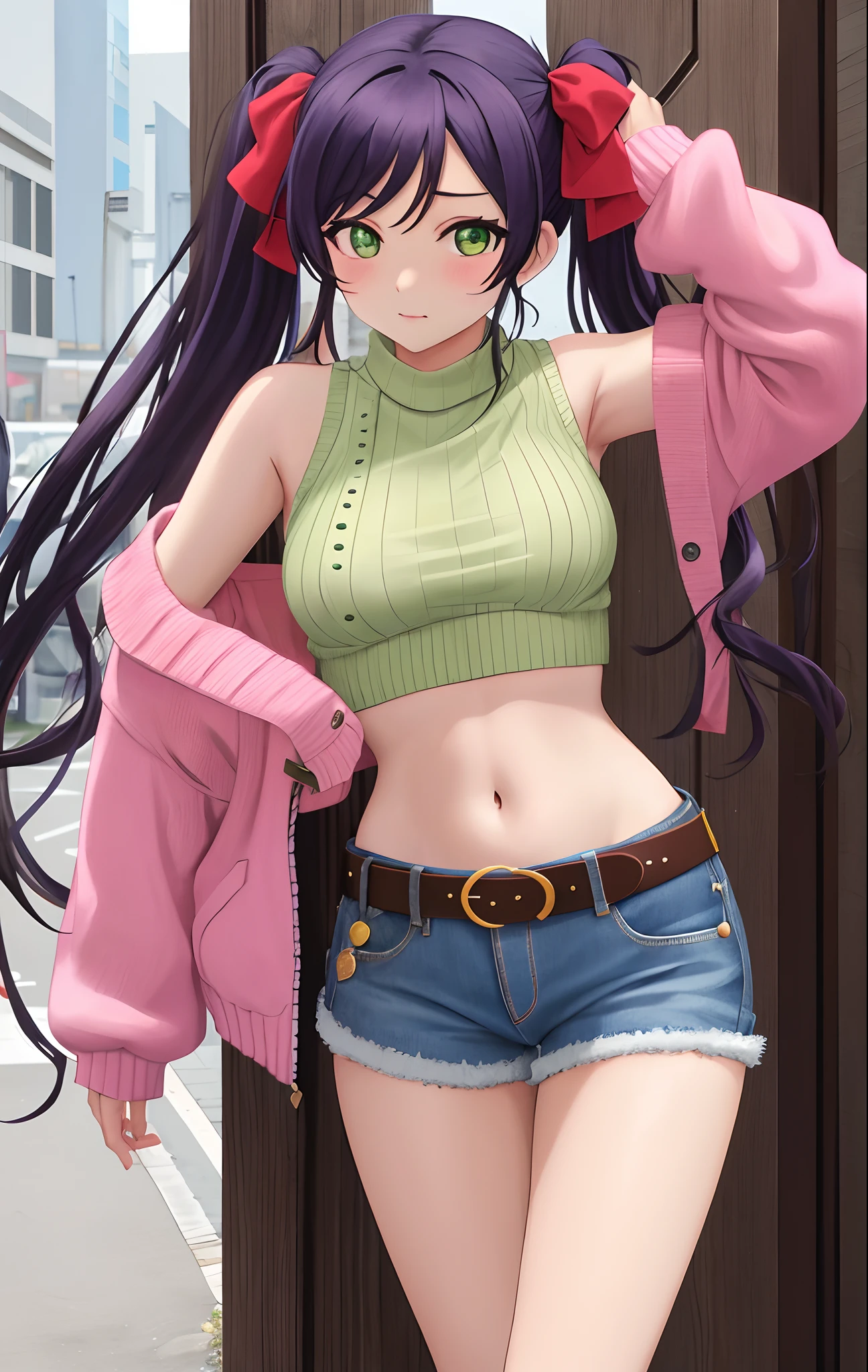 Toujo nozomi, green eyes, twintails, sweater, sleeveless,midriff,(sexy navel),red moist navel,denim pants,belt, hips, llchar