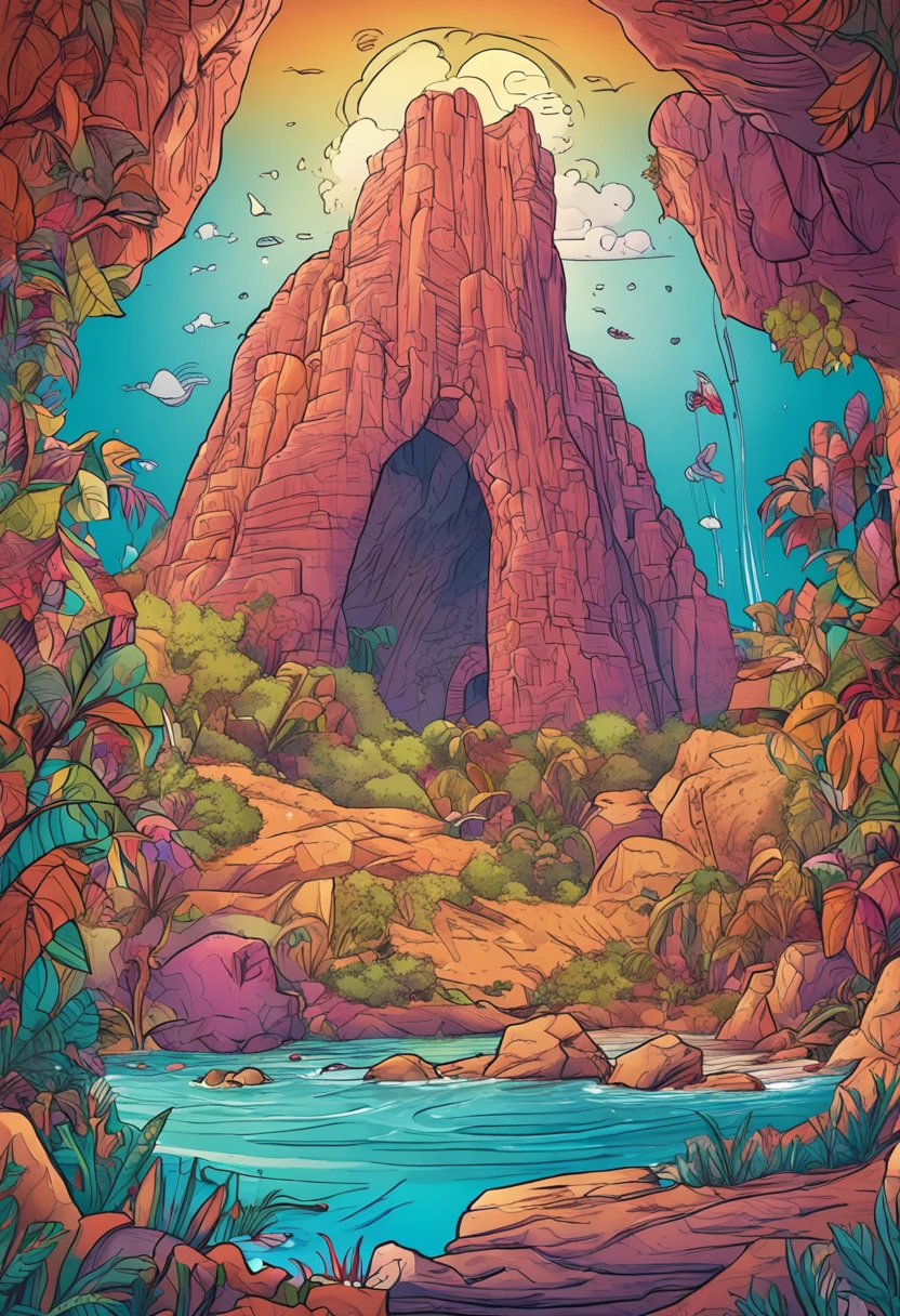 caverna com varias, pedrinhas brilhantes como arco iris, para historia infantil