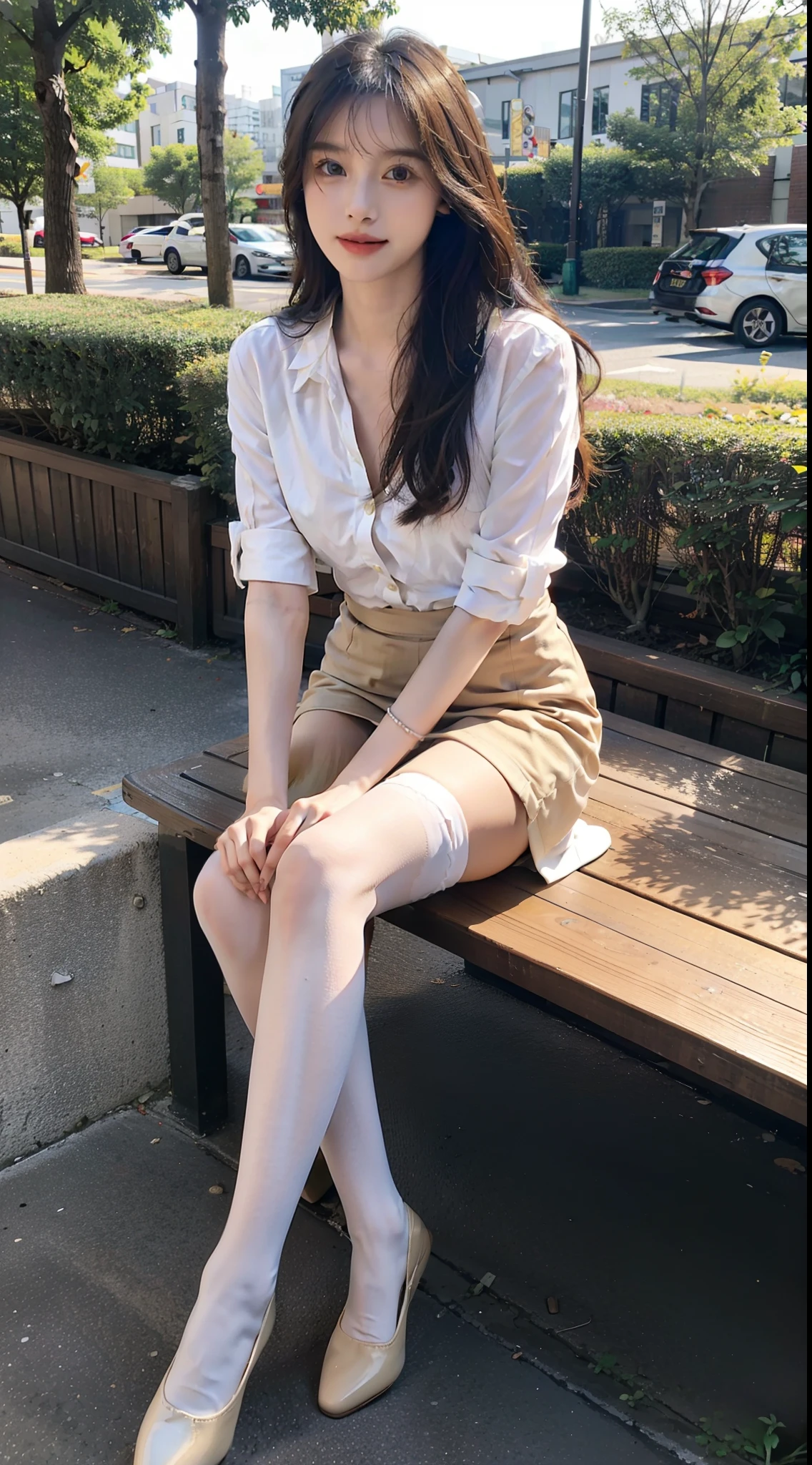 best qualtiy, Full body like,Refined face,pretty face,25 years old woman,slimfigure,Smaller bust,office lady uniform,Office wear,white stockings,Outdoor scene,Sit Pose,yellow long hair