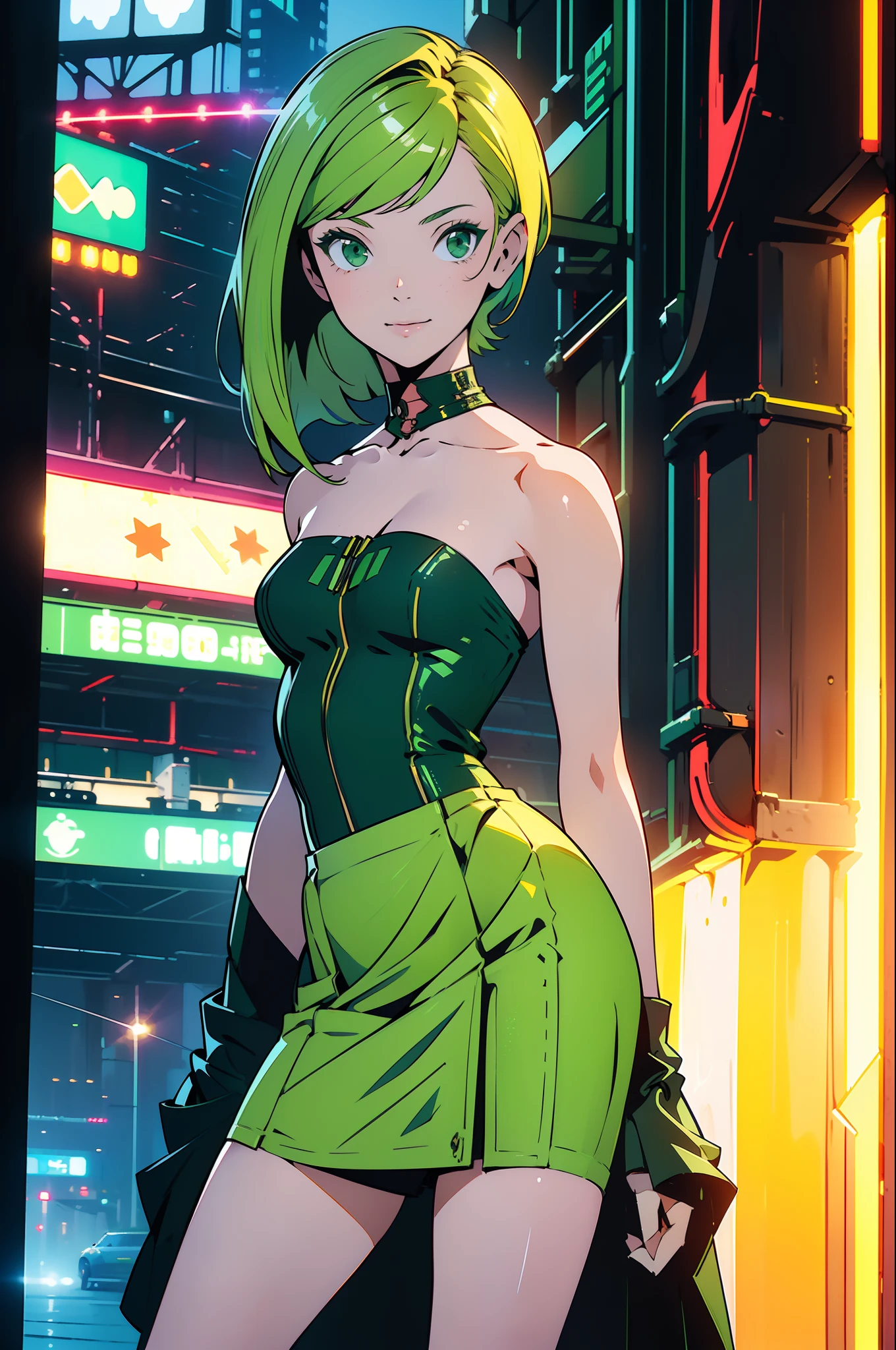 ((Best Quality)), ((Masterpiece)), ((Realistic)) 19 year old, redhead girl, shoulder length hair, relaxed happy face ((slender)) (busty), ((( light green bodycon strapless dress ))) ((( mini skirt ))) ((sexy )) cyberpunk attire, textured pixie haircut , 6 and a half heads full body. beatiful face, handsome body.