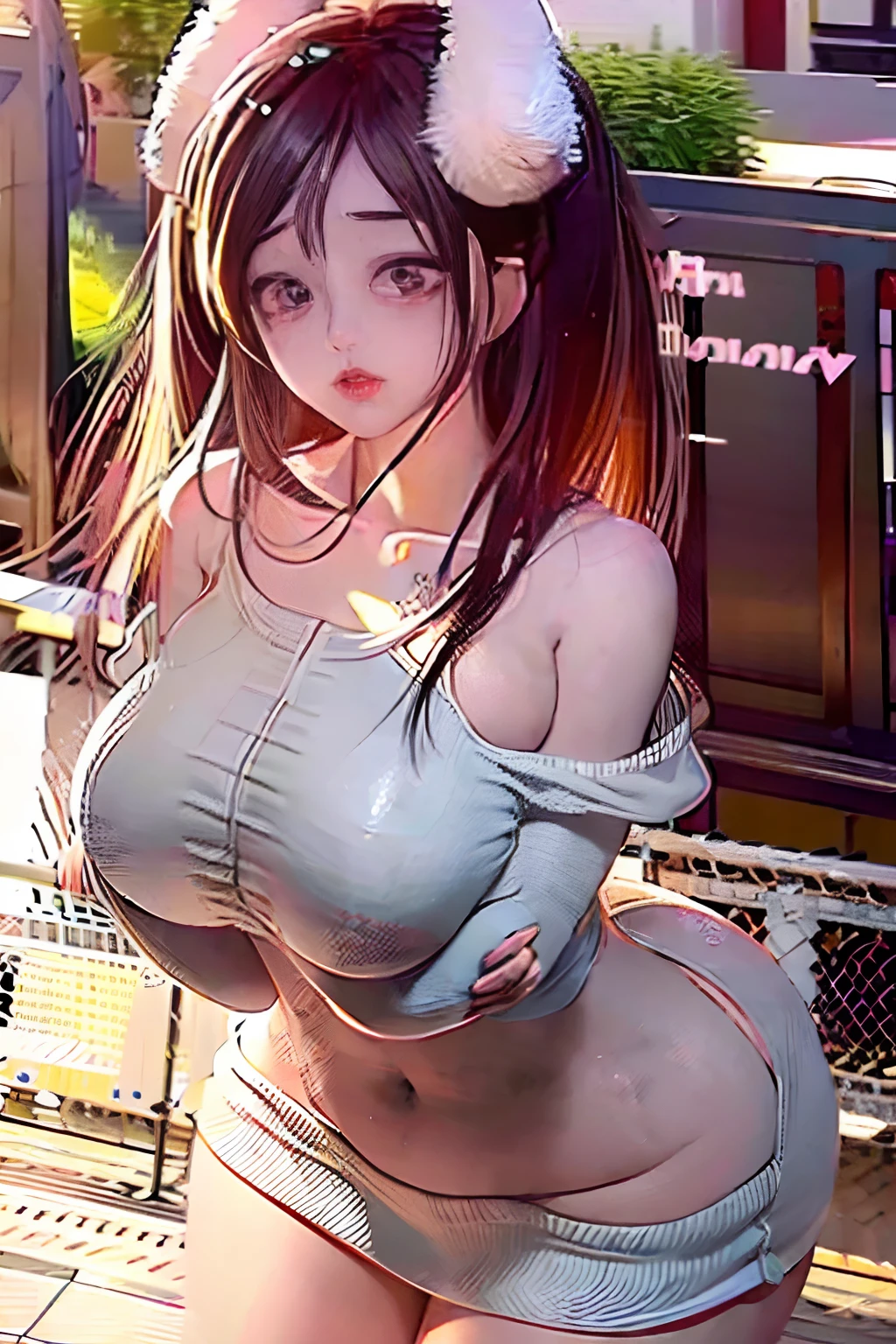 女の子1人,(,ite short stature),Young and cute idol face、(Lorioppai)(Clothed big breasts , Loli breasts,a miniskirt）Double piece with hands raised (White clothes, Shoulder knit shoulder strap,） Huge breasts,