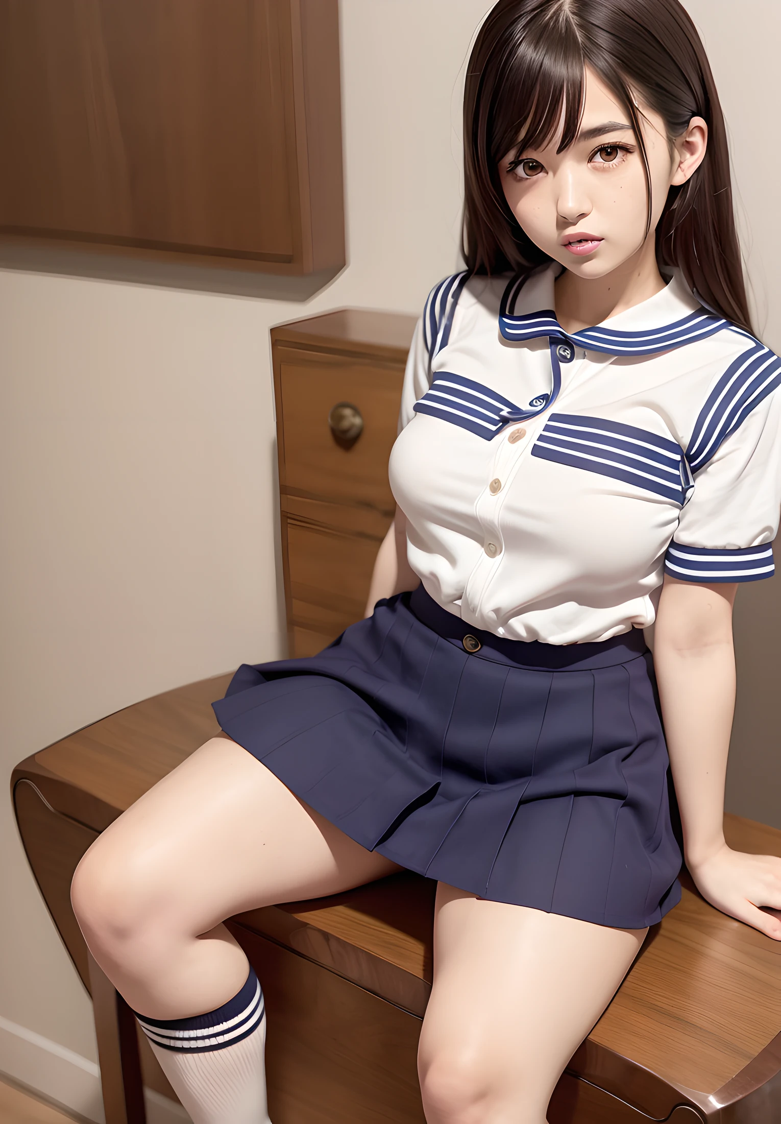 Woman sitting on drum, a sailor suit, a miniskirt, The front of the skirt is flipped up with a hand to reveal the pants., Seifuku, Striped pants, shoujo manga, high socks, huge tit, teens girl, Semi-long, brown-eyed, thin-waist,