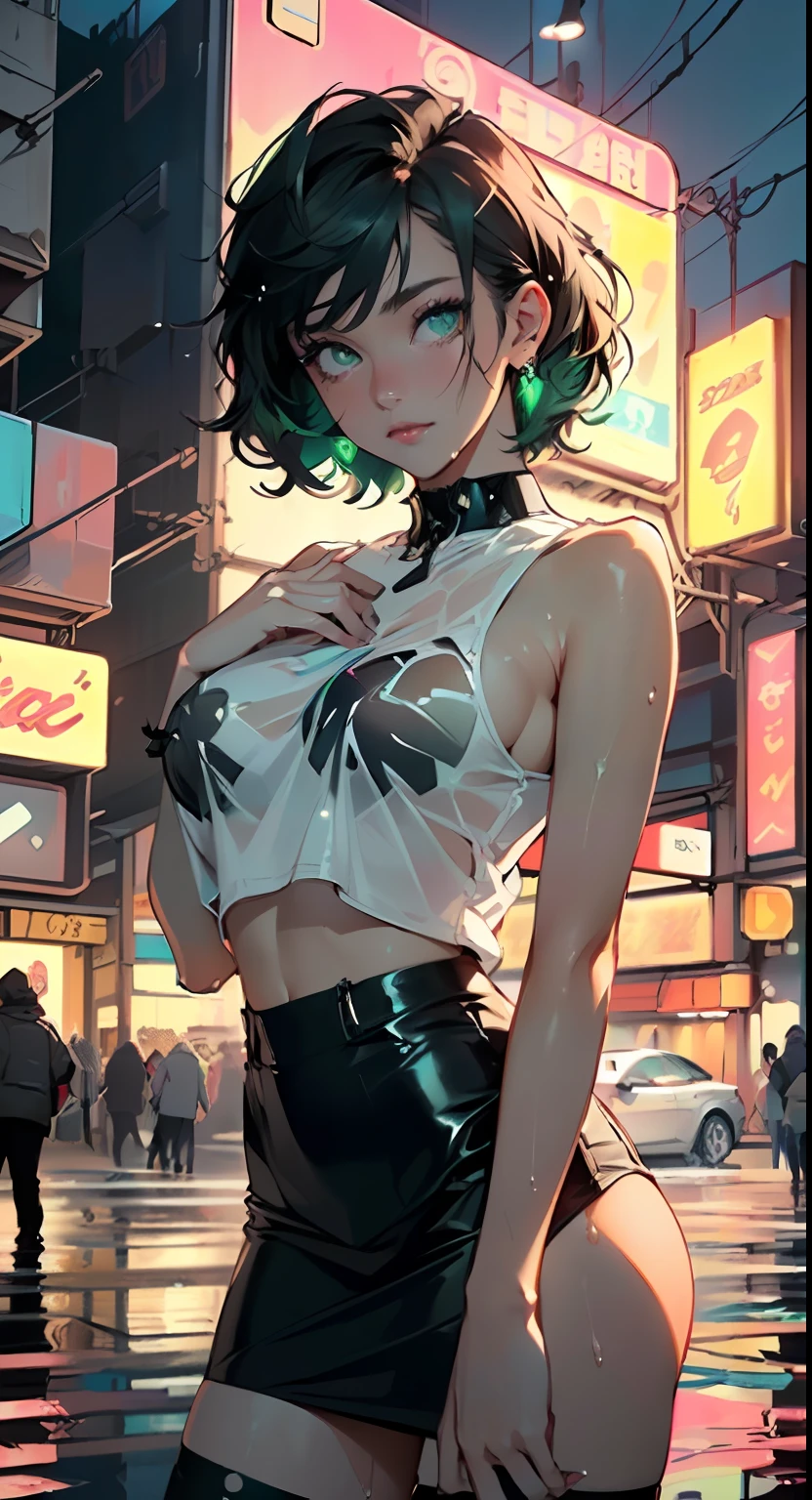 girl youtuber,(((1girl))),((extremely cute and beautiful green curly-haired anime girl)),

(short breasts:1.4),(((green curly hair:1.35,very curly hair,colored inner hair,ear breathing,short hair))),((green eyes:1.3,upturned eyes:1.3,perfect eyes,beautiful detailed eyes,rainbow glows ultra-detailed yellow green eyes:1.1,gradient eyes:1,finely detailed beautiful eyes:1,symmetrical eyes:1,big highlight on eyes:1.2)),((fat)),(((lustrous skin:1.5,bright skin: 1.5,skin tanned,shiny skin,very shiny skin,shiny body,plastic glitter skin,exaggerated shiny skin,illuminated skin,wet legs))),delicate detailed fingers,detailed body,human hands,(detailed face)),

cute,slutty,seductive,erotic,(((nsfw))),

zettai ryouiki,revealing clothing,show skin,((rave mini-skirt,visible thong straps,white loose tank top with an anime girl print)),((wet clothes,detailed outfit,detailed clothes)),

(dynamic pose:1.0),embarrassed,(centered,scale to fit dimensions,Rule of thirds),

((((cyberpunk city by the ocean,huge buildings,neon signs,puddles)))),stormy sky,threatening sky,dark clouds,((synthwave background theme,detailed background : 1.25)),((((night,nice lighting decorations,detailed architecture)))),

(best quality,high resolution,sharp focus,ultra detailed,extremely detailed,extremely high quality artwork,(realistic,photorealistic:1.37),8k_wallpaper,(extremely detailed CG 8k),(very fine 8K CG),((hyper super ultra detailed perfect piece)),flawless,(((masterpiece))),illustration,vibrant colors,(intricate),High contrast,Selective lighting,Double exposure,HDR (High Dynamic Range),Post-processing,Background blur,