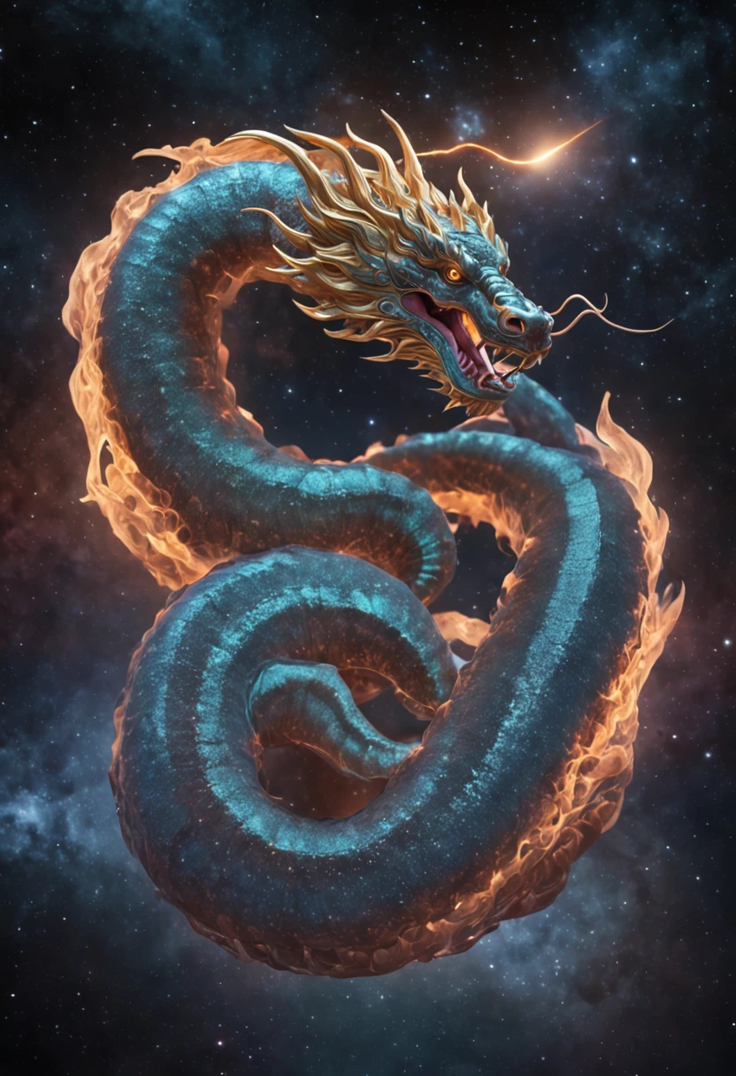 In a dimension where stars collide, the legendary serpent OroChi emerges as an embodiment of Celestial fury. Your body is a symphony of radiant colors, espelhando o nascimento das estrelas. His eyes sparkle with Cosmic fire, and tendrils of energy revolve around his form like ethereal lightning. The presence of the very graceful serpent that is emitting Colorful sounds of ultrasound commands both astonishment and fear, How he harnesses the power of the Cosmos itself, In the midst of a cosmic maelstrom, where spiral galaxies and stars explode, Bold graphic illustration, Tattoos of bright constellations, fantasia sombria, , luzes escuras, pesadelo, noite estrelada, arte splash, fotografia, 8k, filmed on Canon 1DX camera, lenta 50 mm f/2.8, raw glowing constellations on your skin and face, Mortal, totalmente tatuagens brilhantes, constellations, Expression Serpent Reigns Supreme, epics, cataclysmic, e transcendente, Evoking the power of heavenly forces.Estilo: Ultra-realistic digital painting with intricate details and dynamic dynamics