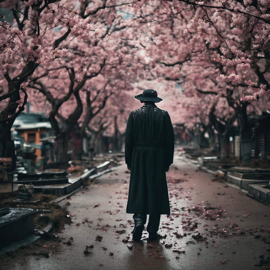 Man dressed in black resting under sakura tree old japanese style Cinematic, low angle photography, Motion blur, Depth of field, Dust, Cobblestones and dirt. Splash Art, dripping paint. Perfect color grading. Influenced by Karel Appel and Jeremy Mann, Full of dramatic and threatening scenes, Hyper-detailed, Beautiful, insanely details, Intricate details, editorial photography, shot with a 50mm lens, Depth of field, Tilt Blur, Shutter speed 1/1000, f/22. Lightmaps, Super bright