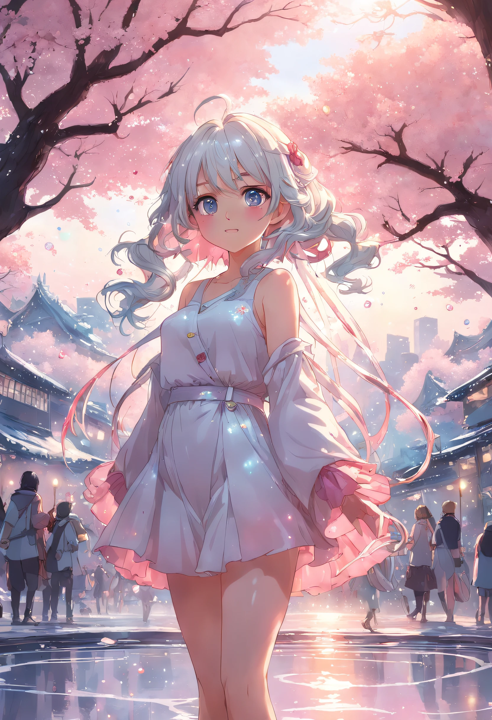 Menina bonita de Shibuya, Cabelos brancos longos na altura da cintura,cor rosa dos olhos, Tampo branco de neve,Saia plissada branca de neve,alegria, sorriso,Make soap rainbow bubbles in the park with cherry blossoms and fountains at sunset, Menina bonita estilo anime em todo o mundo, rosto limpo e detalhado, analogous colors, Sombra brilhante, beautiful gradation, profundidade de campo, imagem limpa, alta qualidade, High detail, High definition, Luminous Studio graphics engine, cara bonito, kawaii,cintura fina
