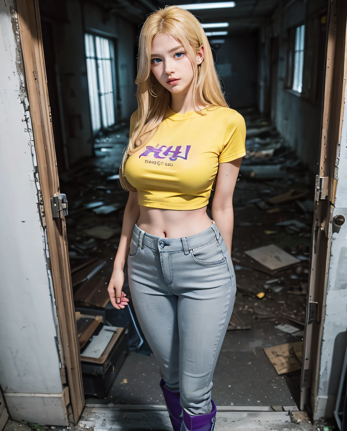 1girl, (Blue Eyes), serious face, (Sana Minatozaki), wide hips, Big Boobs, big ass, (Best Quality, 8k, Masterpiece: 1.3), Clear Focus: 1.2, Perfect Body Beauty: 1.4, Slender Abs: 1.2, Highly detailed face and skin texture, detailed eyes, double eyelids, (blonde long hair), (yellow and purple t-shirt :1.3), (gray rubber pants), (boots), standing in an abandoned building