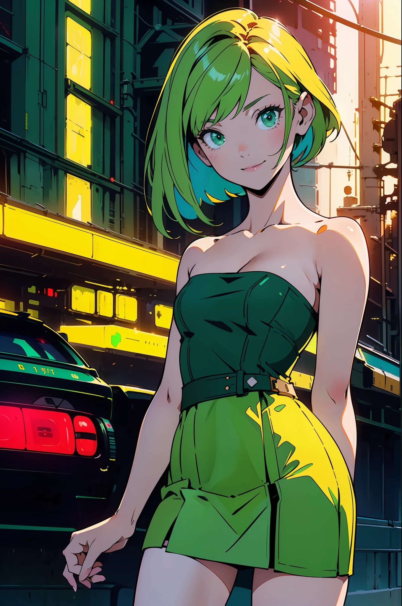 ((Best Quality)), ((Masterpiece)), ((Realistic)) 19 year old, redhead girl, shoulder length hair, relaxed happy face ((slender)) (busty), ((( light green bodycon strapless dress ))) ((( mini skirt ))) ((sexy )) cyberpunk attire, textured pixie haircut , medium shot. beatiful face,