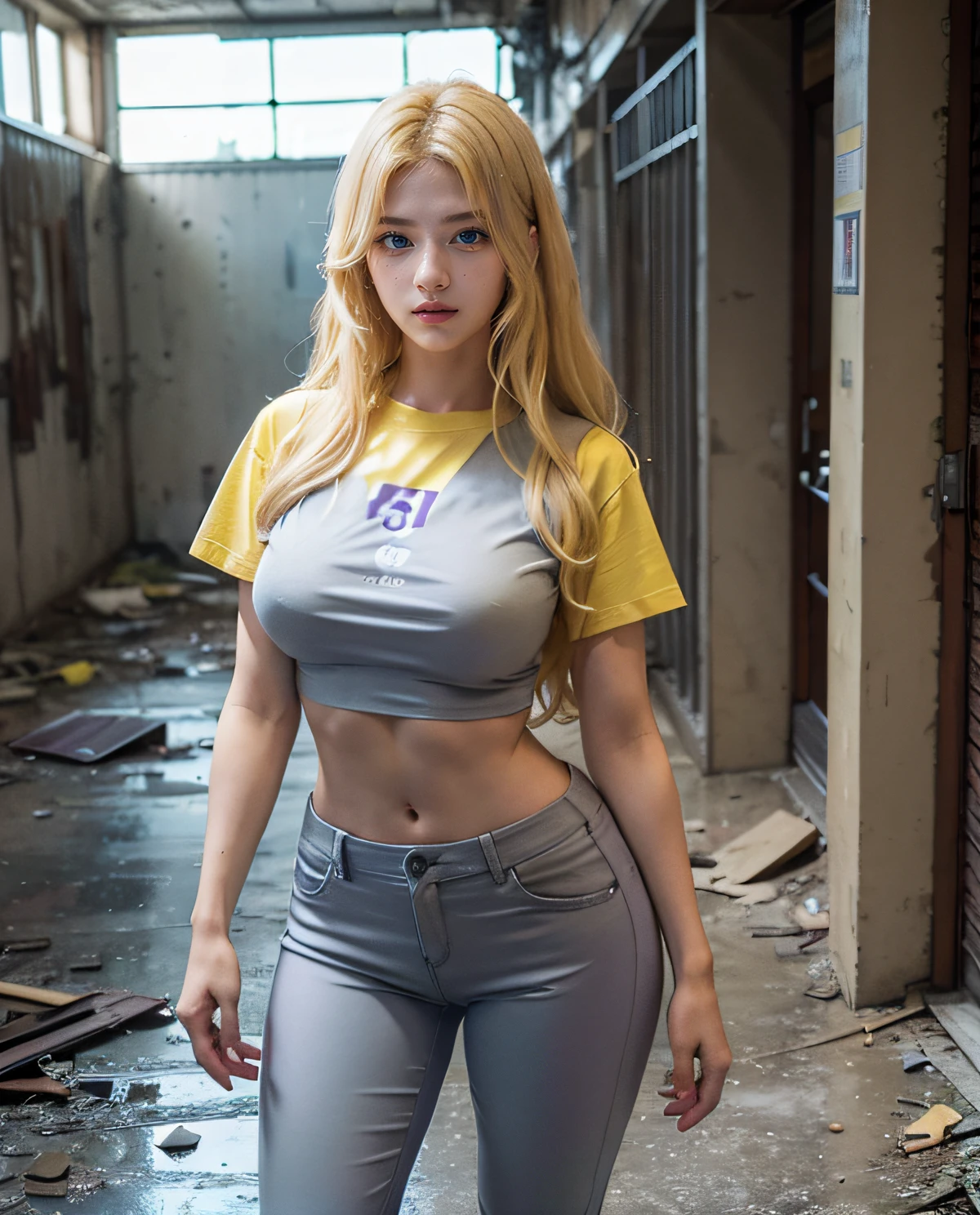 1girl, (Blue Eyes), serious face, (Sana Minatozaki), wide hips, Big Boobs, big ass, (Best Quality, 8k, Masterpiece: 1.3), Clear Focus: 1.2, Perfect Body Beauty: 1.4, Slender Abs: 1.2, Highly detailed face and skin texture, detailed eyes, double eyelids, (blonde long hair), (yellow and purple t-shirt :1.3), (gray rubber pants), (boots), standing in an abandoned building