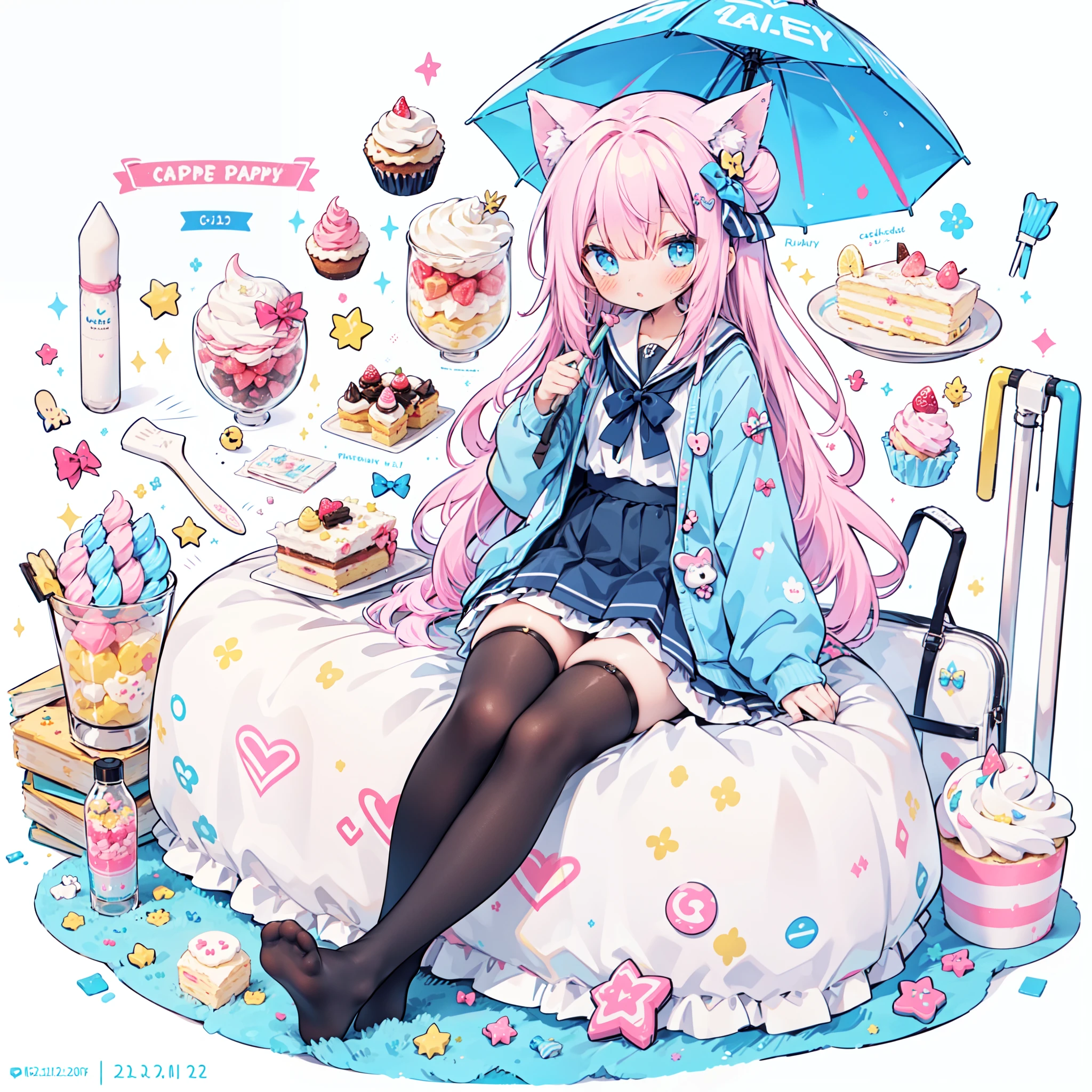 1girl in, Pastel muted colors,holding a pastel umbrella、umbrellas、 (The color palette is yellow:1.2, Blue:1.2, Pink:1.2), (Blue hair bun and blonde), Short Fashion Skirt, Sitting on a throne made of sweets and pastries, For example, donuts, Sprinkle, candy, lollipop, candy cane, a cake, cupcake, Cake Pop, Ruffles and lace, polka dot, Long bat ears