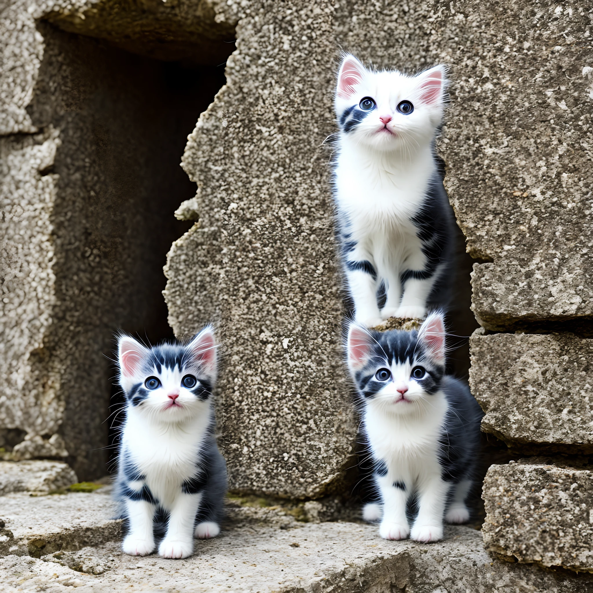 Sky-blue furry kitten standing on the ruins