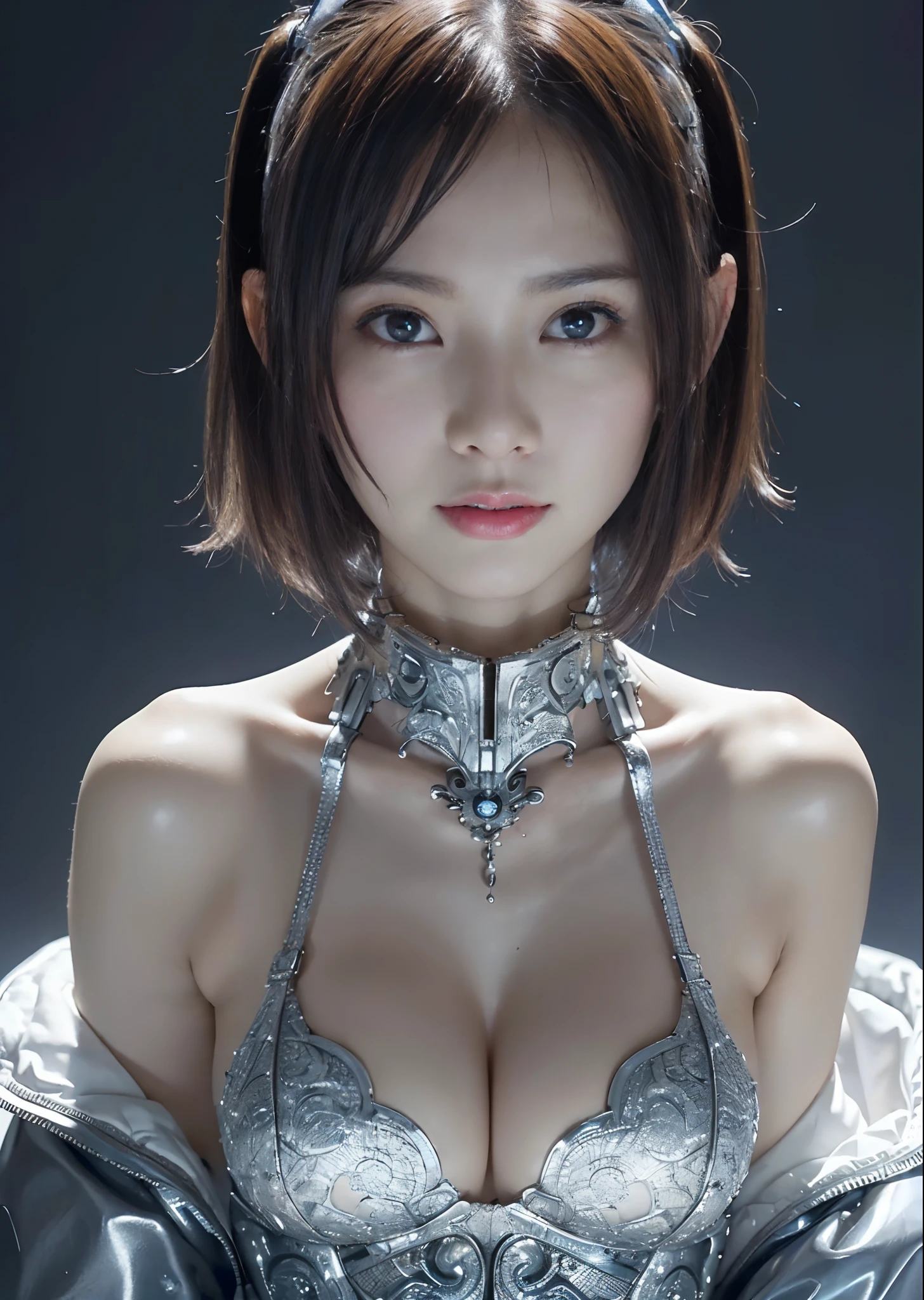 NSFW,((top-quality、8K、tmasterpiece:1.3))Wearing a silver-white mech,Girl with delicate face,The highest image quality,ultraclear,The facial features are delicate and clear,Armageddon,machine arm,exquisitedetails,Mechanical pattern,cyber punk perssonage、Cyber City、the number、Century、
