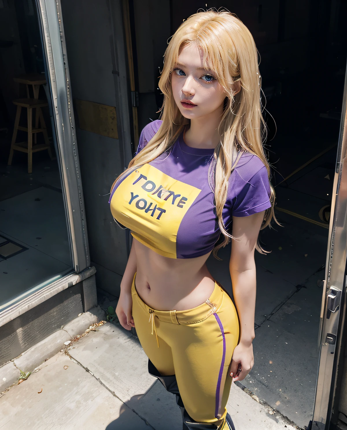 1girl, (Blue Eyes), serious face, (Sana Minatozaki), wide hips, Big Boobs, big ass, (Best Quality, 8k, Masterpiece: 1.3), Clear Focus: 1.2, Perfect Body Beauty: 1.4, Slender Abs: 1.2, Highly detailed face and skin texture, detailed eyes, double eyelids, (blonde long hair), (yellow and purple t-shirt :1.3), (gray rubber pants), (boots), standing in an abandoned building