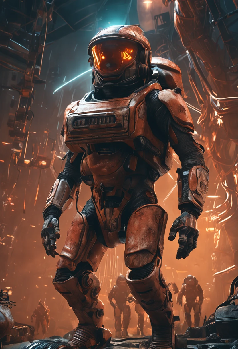 Directed by: Alejandro Burdisio, A low-angle shot of a hyper-realist, poderoso, Armored alien white-red-ochre, his cybernetic helmet glowing in the darkness of space, pernas musculosas, Hands - Claws ready to attack, contato visual, Enfrentou, muitos pequenos objetos azul-esverdeados brilhantes no fundo, Strobe BG leve