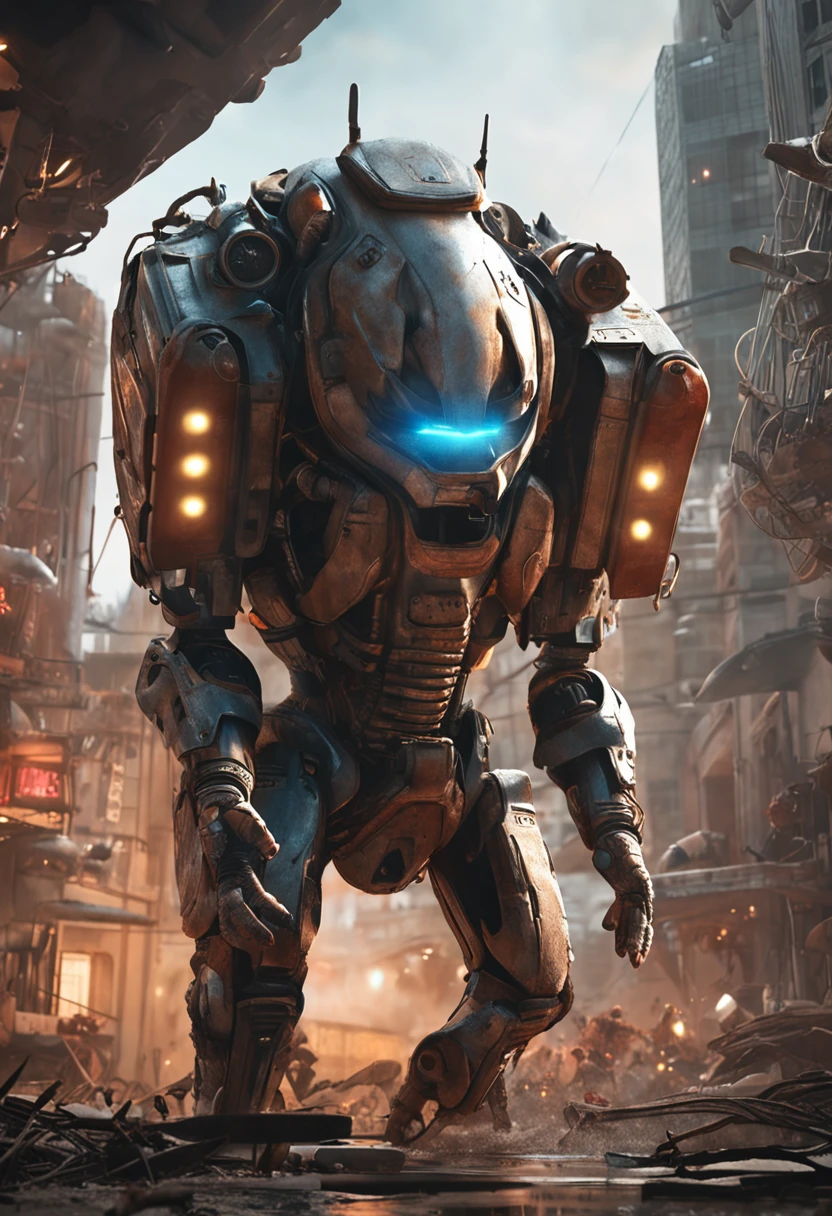 Directed by: Alejandro Burdisio, A low-angle shot of a hyper-realist, poderoso, Armored alien white-red-ochre, his cybernetic helmet glowing in the darkness of space, pernas musculosas, Hands - Claws ready to attack, contato visual, Enfrentou, muitos pequenos objetos azul-esverdeados brilhantes no fundo, Strobe BG leve