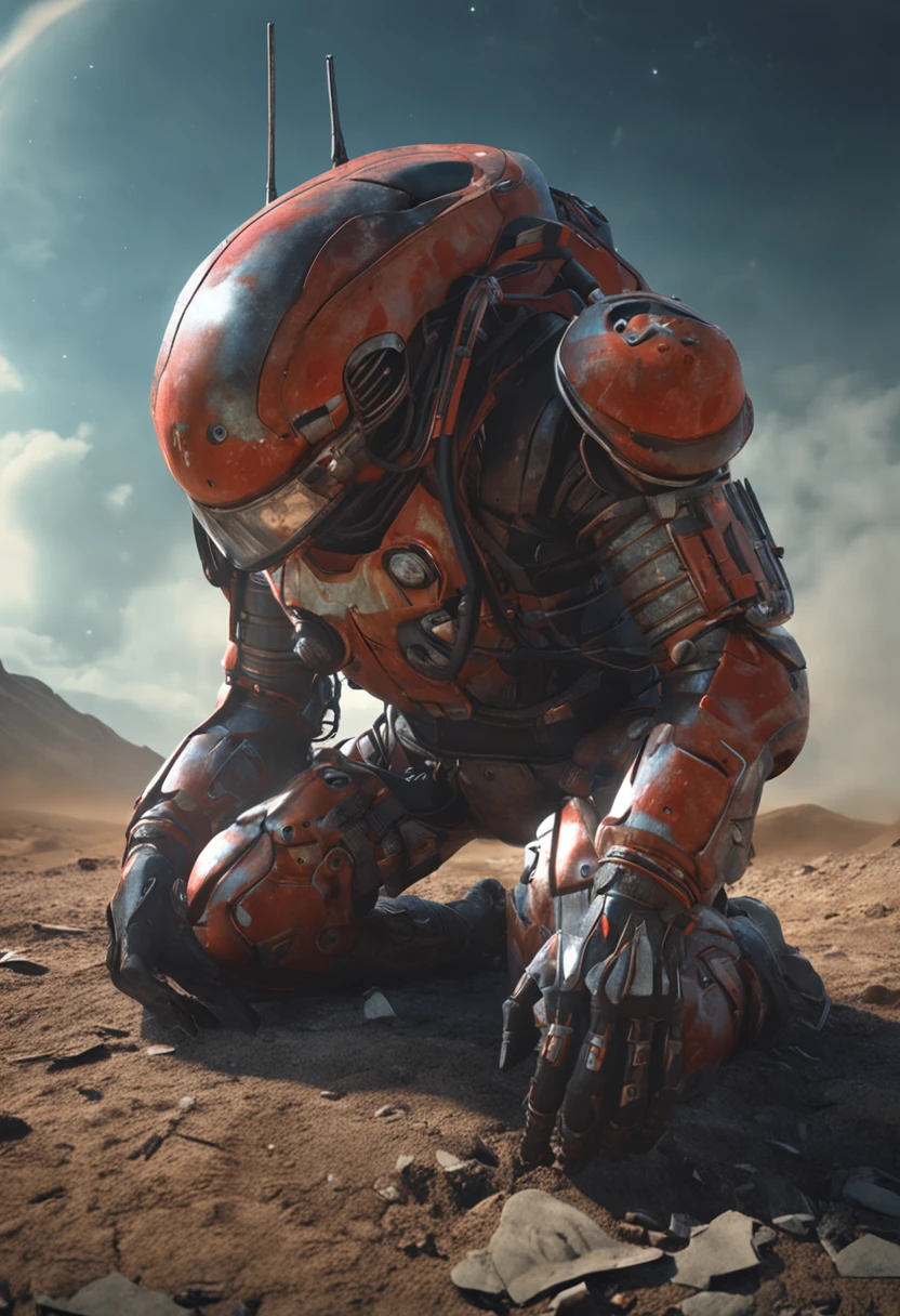 Directed by: Alejandro Burdisio, A low-angle shot of a hyper-realist, poderoso, Armored alien white-red-ochre, his cybernetic helmet glowing in the darkness of space, pernas musculosas, Hands - Claws ready to attack, contato visual, Enfrentou, muitos pequenos objetos azul-esverdeados brilhantes no fundo, Strobe BG leve