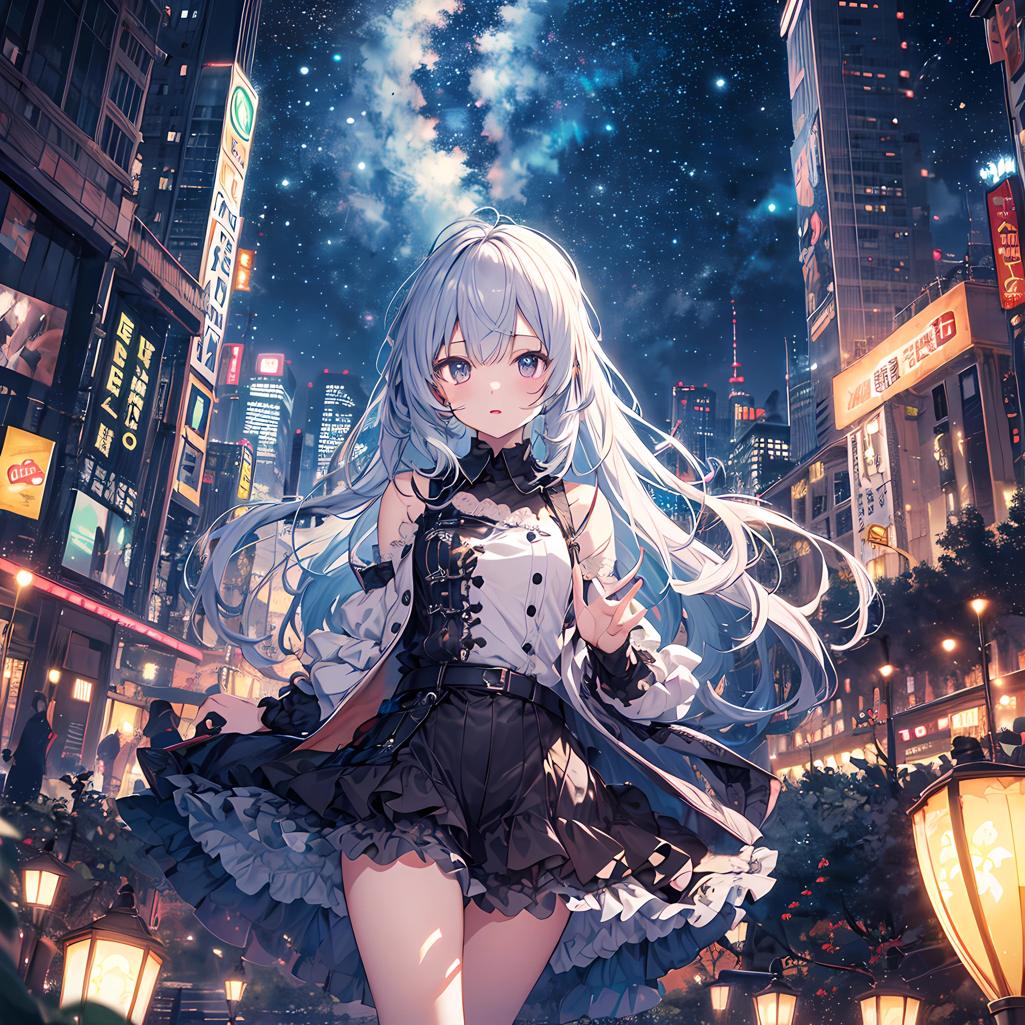 ultra detailed game CG, (High resolution:1.1),(absurderes:1.1), 1girl in, Little Girl, Solo, Simple Anime, nightcity, Overlooking the night view from a height
