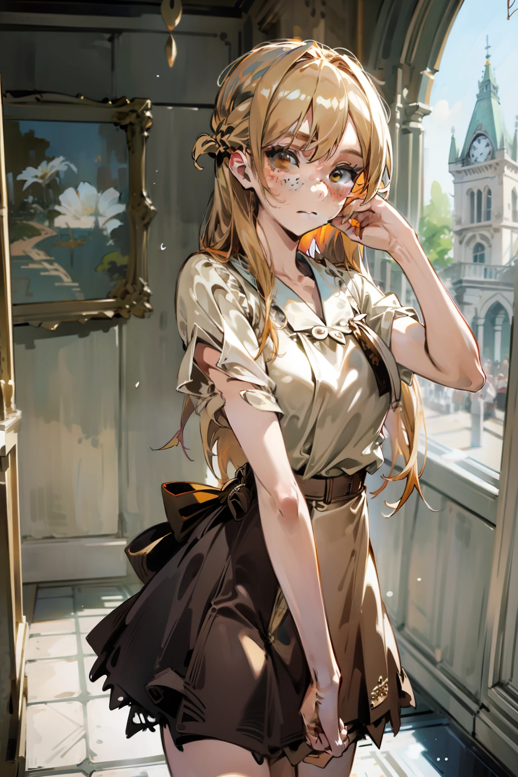 Girl with blonde hair and freckles,Girl standing in town,1girl,Blonde hair,Side tail,offcial art,8k,ultra-detailliert,Beautiful and aesthetic,masutepiece,top-quality,dynamic ungle,cowboyshot,Timosto beautiful Formo of Chaos,Elegant,Abularist design,vivd colour,romanticism,watercolor paiting,Diandl, fantasy,