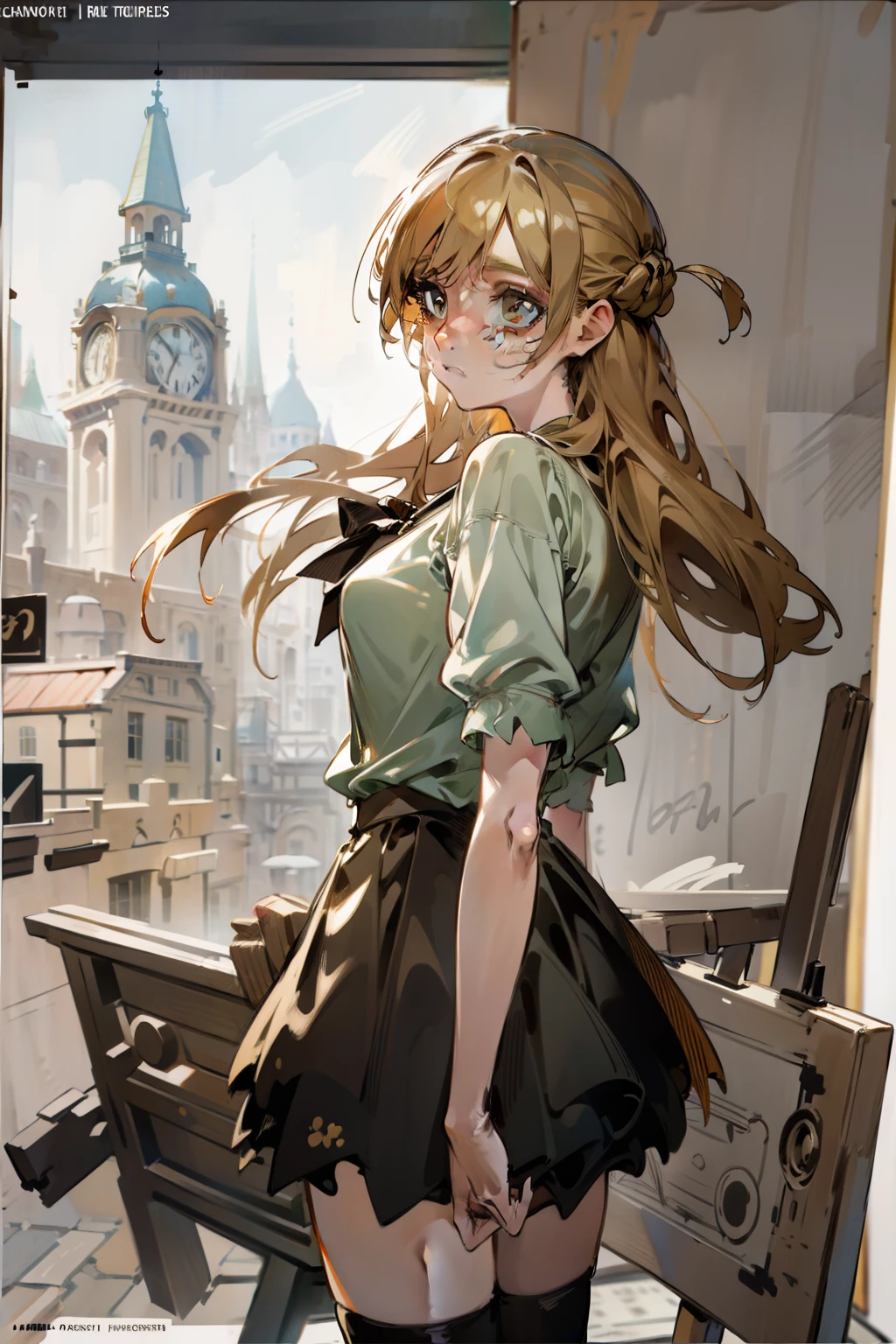 Girl with blonde hair and freckles,Girl standing in town,1girl,Blonde hair,Side tail,offcial art,8k,ultra-detailliert,Beautiful and aesthetic,masutepiece,top-quality,dynamic ungle,cowboyshot,Timosto beautiful Formo of Chaos,Elegant,Abularist design,vivd colour,romanticism,watercolor paiting,Diandl, fantasy,