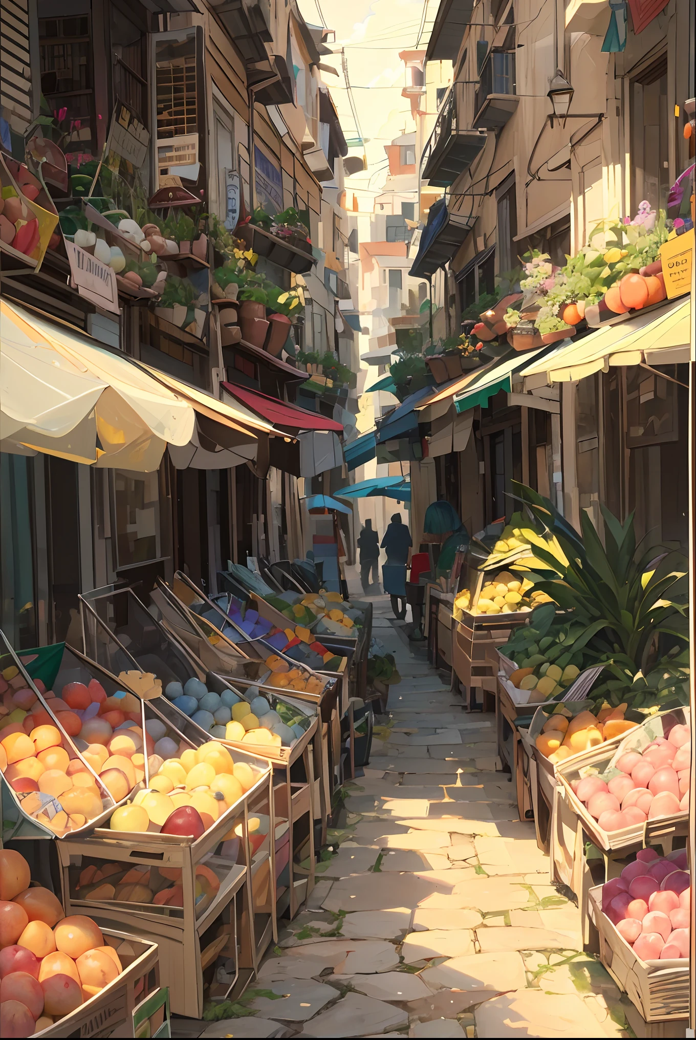 Colorful fruits and vegetables are sold in rows along the streets of Andalusia. The streets are lined with stores on both sides, selling jewelry, accessories, and toys, and are crowded with people. Background/// Beautiful sky overlooking the beautiful sea. The road is downhill and the view is towards the horizon.effect///Fluffy pastel colors.fine brushes, Rough, detailed watercolour, soft and fantastic, pastel, Fluffy, (extremely fine and beautiful), (perfect detail)、(pastel color),Soft texture:1.2.(masutepiece, Best Quality), (finely detailed beautiful eye), (finely detailed eyes and detailed face),The tones are also visibly luminous.Pale blurred contours,Unobtrusive lighting, moody atmosphere,subtle highlights((Artistic Camerawork))