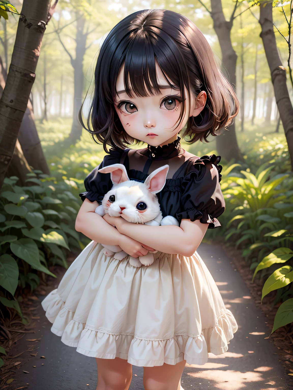 The human、Cute Baby Chibi Anime,Cute dress、Morning light、in woods、big eye,rabbit stuffed