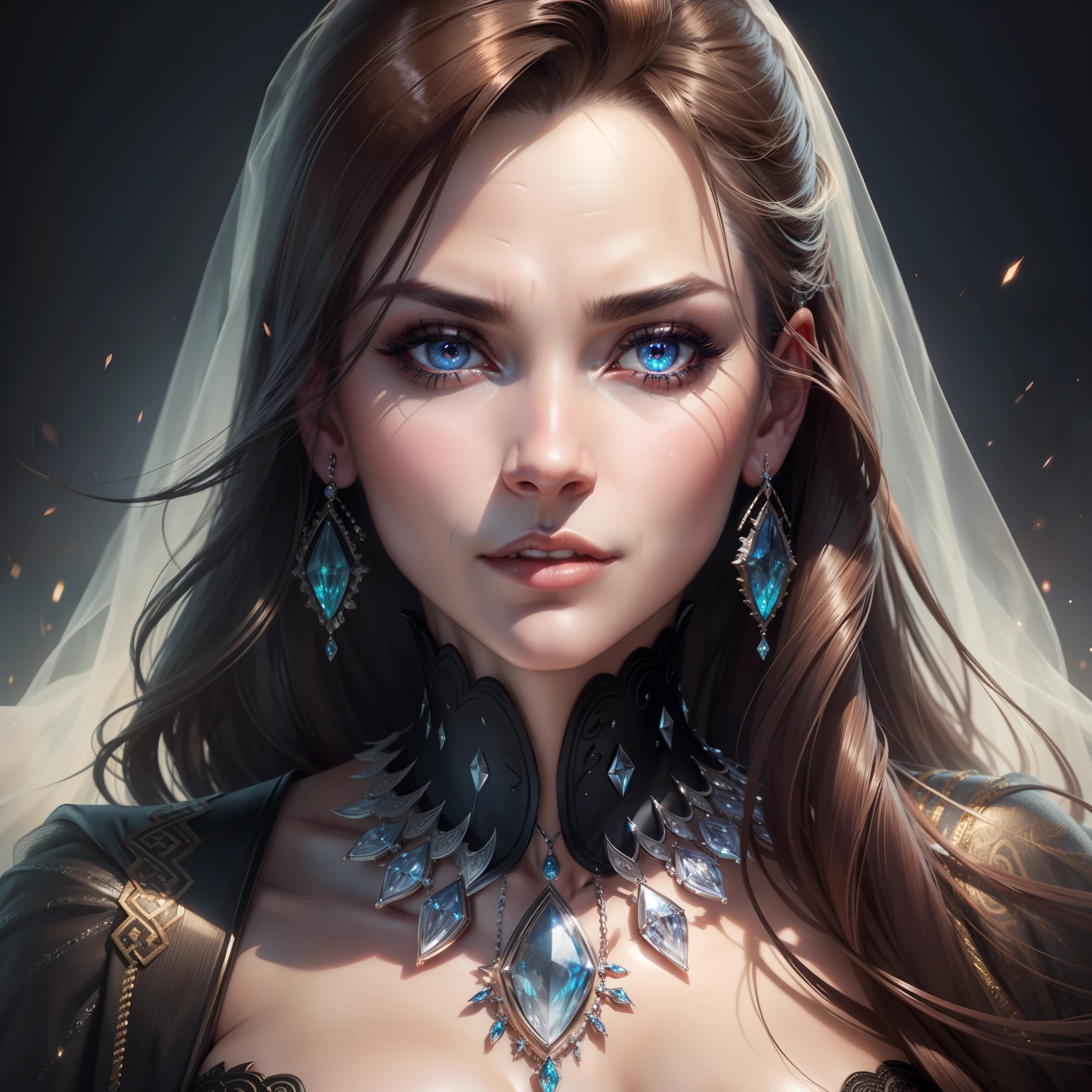 Mature woman face portrait zoom sexy face sexy eyes sexy Mouth glowing crystal eyes hyper realistic super detailed Dynamic Face shot jewlery