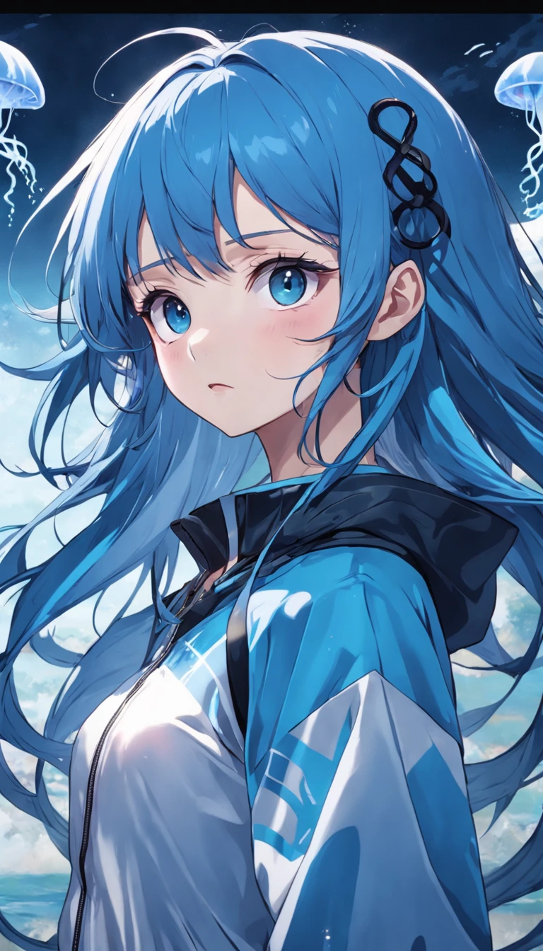 teens girl,Mature face,handsome and attractive,Blue-haired jellyfish head,Height 165,Black silk ribbon,White and blues tracksuit