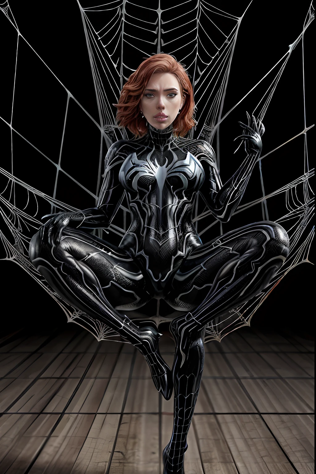 Obra-prima, 8k, realista,  good ilumination, (((Scarlett Johansson garota de 28 anos, terno preto do homem aranha venom com aranha branca no peito, loira))), cabelo comprido, sem corte, rosto bonito, chuva, telhado, obra-prima, detalhes trincados, anatomia perfeita, (((Swinging in the web)))