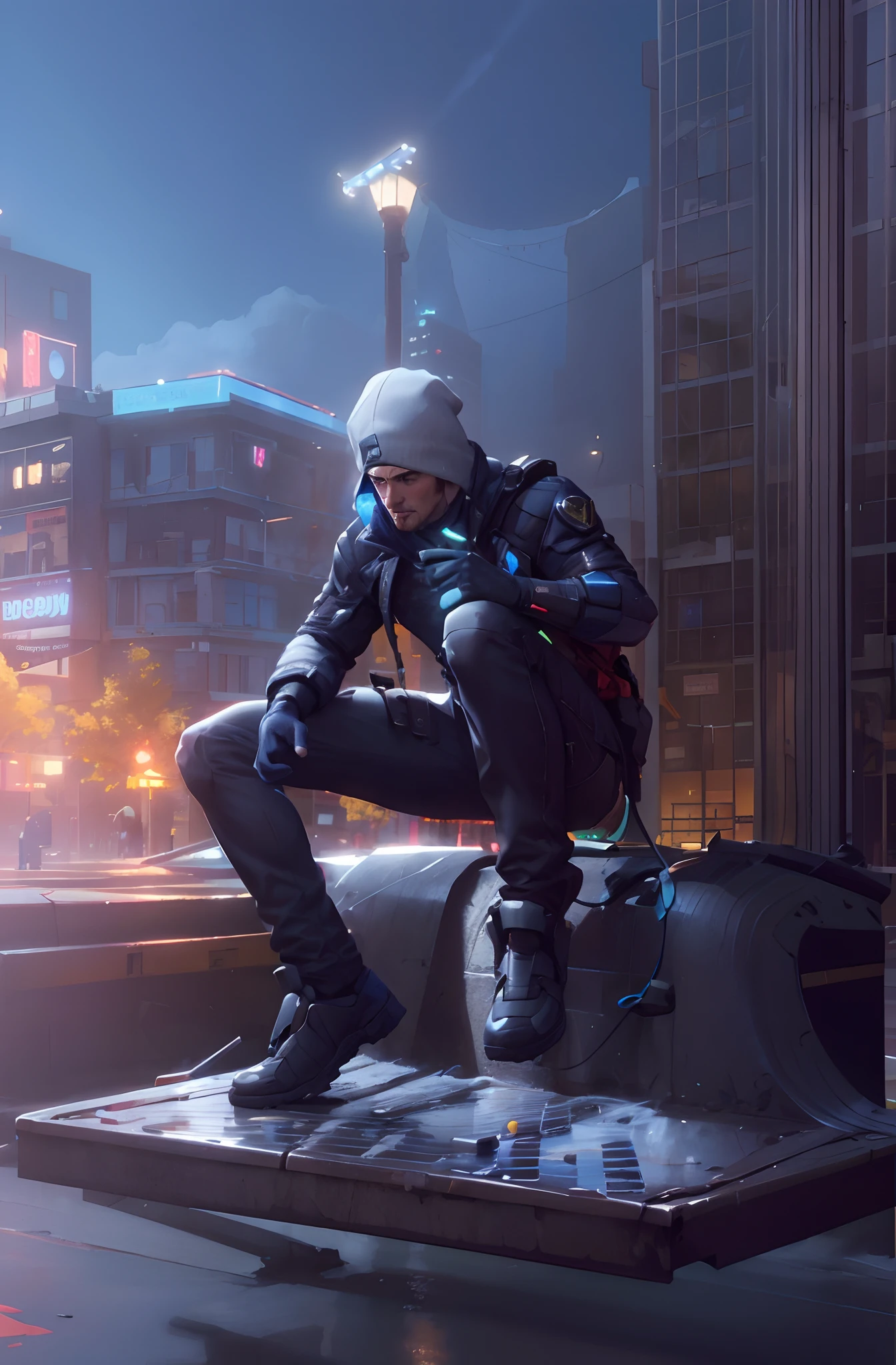 There's a man sitting on a bench in town, hero pose colorful city lighting, estilo craig mullins, Cyberpunk Rua Goon, 3 d render arte do caractere 8 k, Craig Mullins Greg Rutkowski, trending on artstationhq, Wojtek FUS, trending on artstation hd, Papel de parede de arte conceitual 4K, Artista CG, Trending in ArtStation 4K