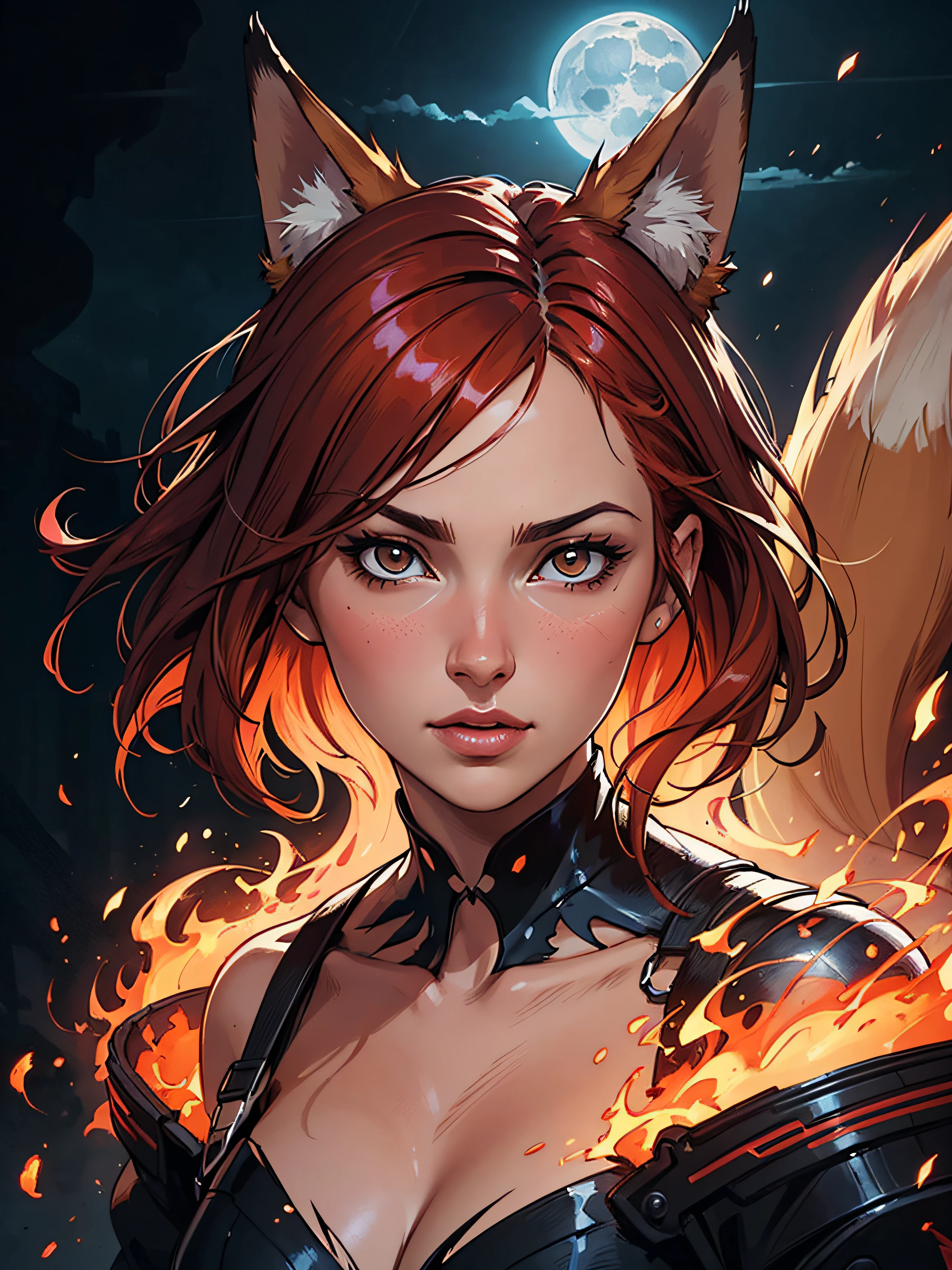 A powerful, ethereal figure of A young Caucasian woman with long, vibrant red hair wearing a furry fox-like costume, made of swirling smoke or energy, with dramatic, flowing movements and an intense, otherworldly presence By artist "anime", 3d anime art, inspired by WLOP, Artstation, #genshinimpact pixiv, extremely detailed, aesthetic, concept art, ultrafine detail, breathtaking, 8k resolution, vray tracing