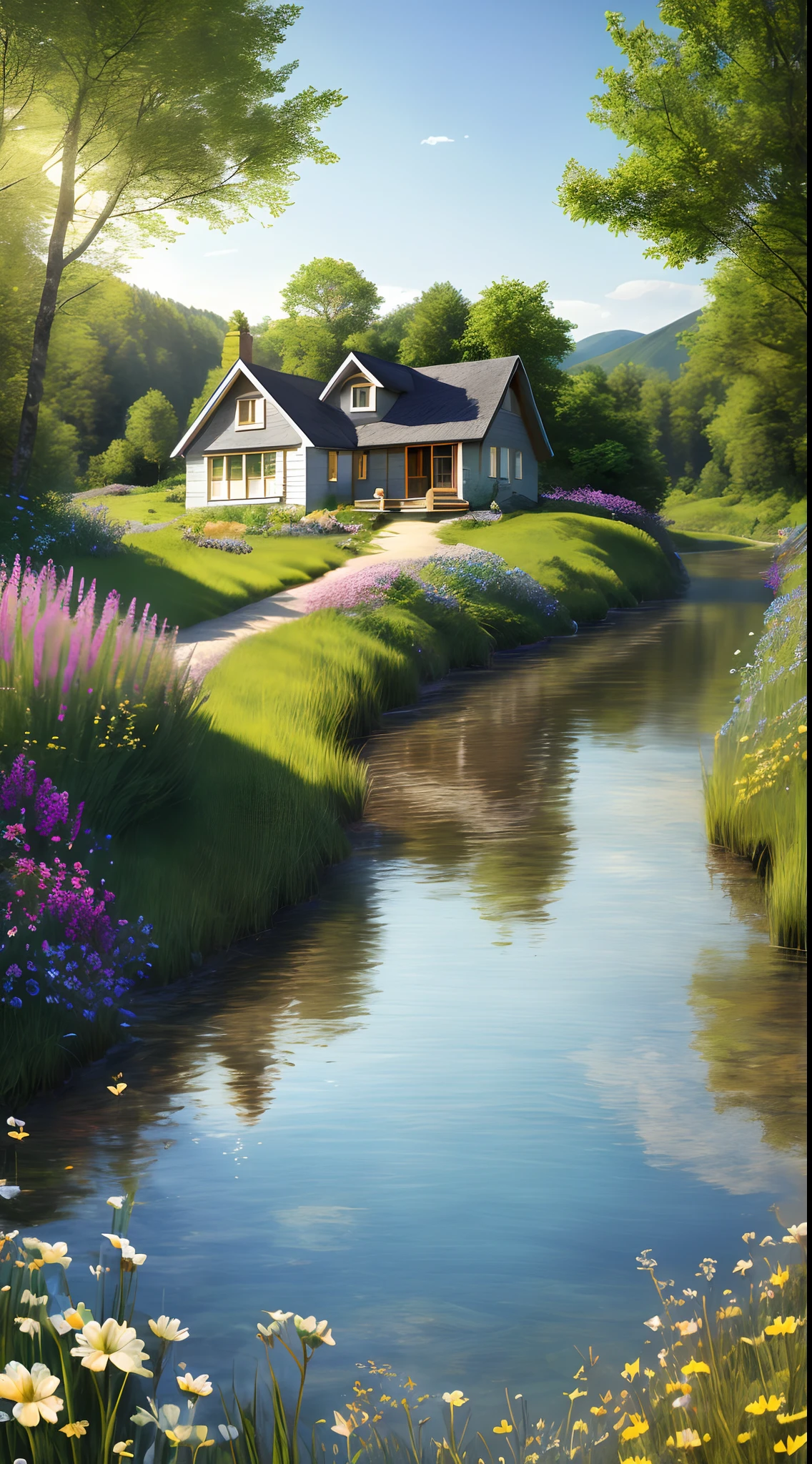 Epic movie poster，profesional photo，Beautiful modern cottage in stunning summer landscape，sunny clear sky，Eau，Professional digital art，profesional lighting，Dramatic lighting，A high resolution，8k，hyper HD，HDRI