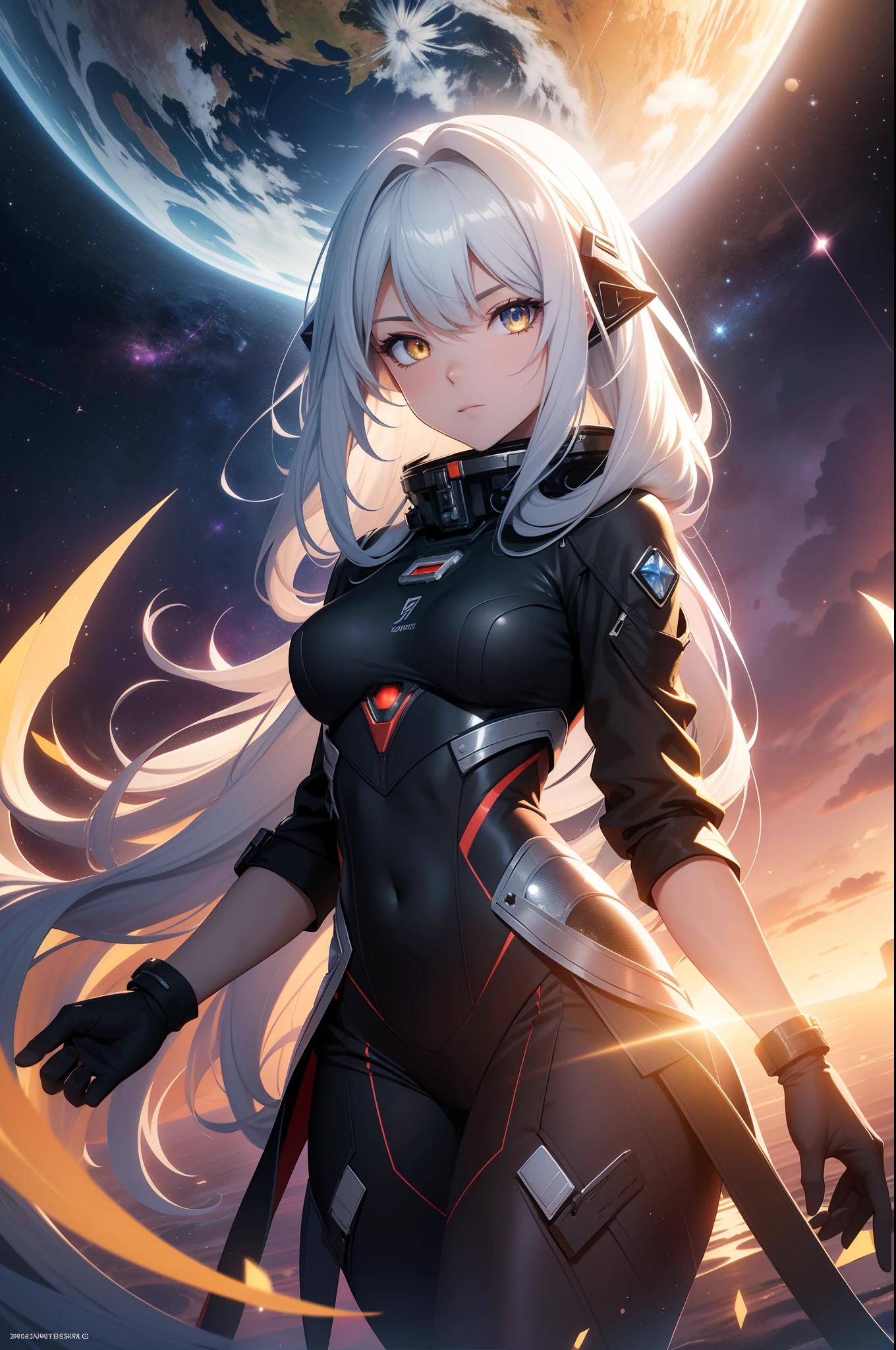 Absurd resolution, high resolution, (masterpiece: 1.4), super detail, a girl, very long straight hair, silver hair colorful, big yellow crystal eyes, seductive face, determined face, from above, space, floating in the space, no G, (floating space girl), center, looking to the viewers, spacesuit, big blue earth in the back, sun rising from behind the earth, shining, sunlight, fractal art, 3D,