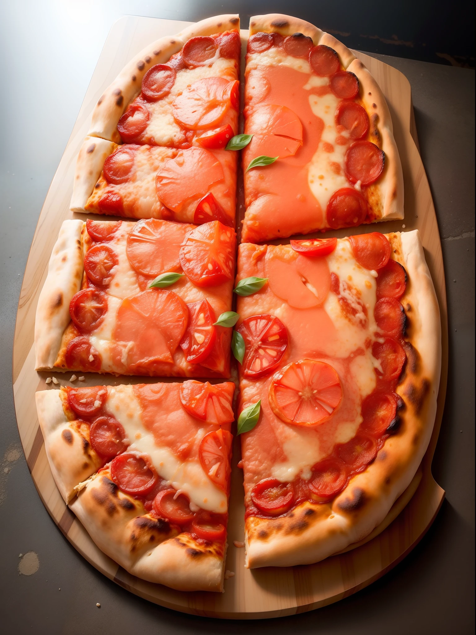 Large and flattened icon pizza with tomato and pepperoni.