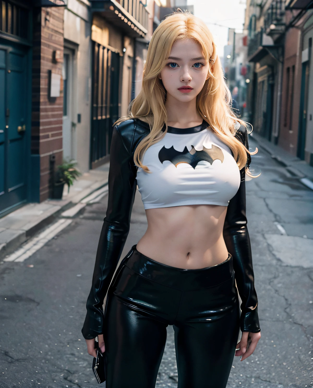 1girl, (Blue Eyes), serious face, (Sana Minatozaki), wide hips, Big Boobs, big ass, (Best Quality, 8k, Masterpiece: 1.3), Clear Focus: 1.2, Perfect Body Beauty: 1.4, Slender Abs: 1.2, Highly detailed face and skin texture, detailed eyes, double eyelids, (blonde long hair), (batman t-shirt), (black rubber pants), (boots), standing in an alley in a city at night