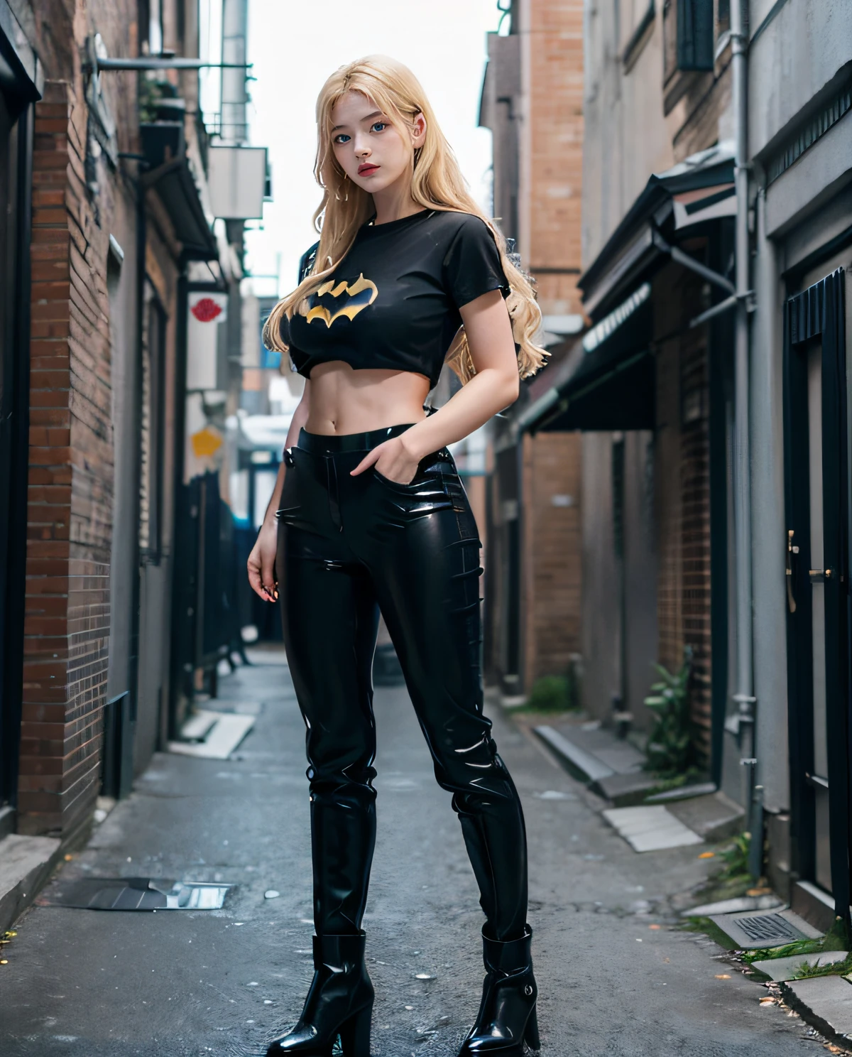 1girl, (Blue Eyes), serious face, (Sana Minatozaki), wide hips, Big Boobs, big ass, (Best Quality, 8k, Masterpiece: 1.3), Clear Focus: 1.2, Perfect Body Beauty: 1.4, Slender Abs: 1.2, Highly detailed face and skin texture, detailed eyes, double eyelids, (blonde long hair), (batman t-shirt), (black rubber pants), (boots), standing in an alley in a city at night