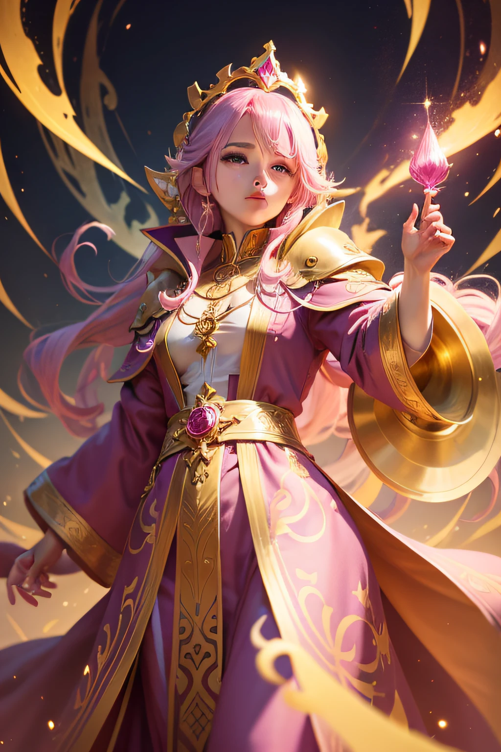 an alchemist who is a divine being with an aura of white and gold light wearing a magenta robe with gold threads.