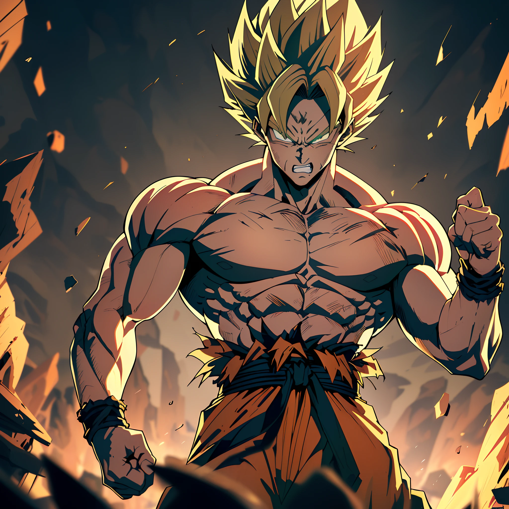 Dragon Ball: Go Ku, Super Saiyan 4, expressing anger by unleashing one's full power,
In this dynamic scene, the protagonist of Dragon Ball, Go Ku, transforms into Super Saiyan 4, his body radiating intense energy and aura as he readies himself for battle. The sun sets in the background, casting long, dramatic shadows over the surrounding landscape. Go Ku's face is contorted with fury, his eyes blazing with an intense, golden flame as he unleashes his full strength, a formidable sight to behold. His muscles ripple and bulge with power, and his iconic blue and gold outfit shimmers