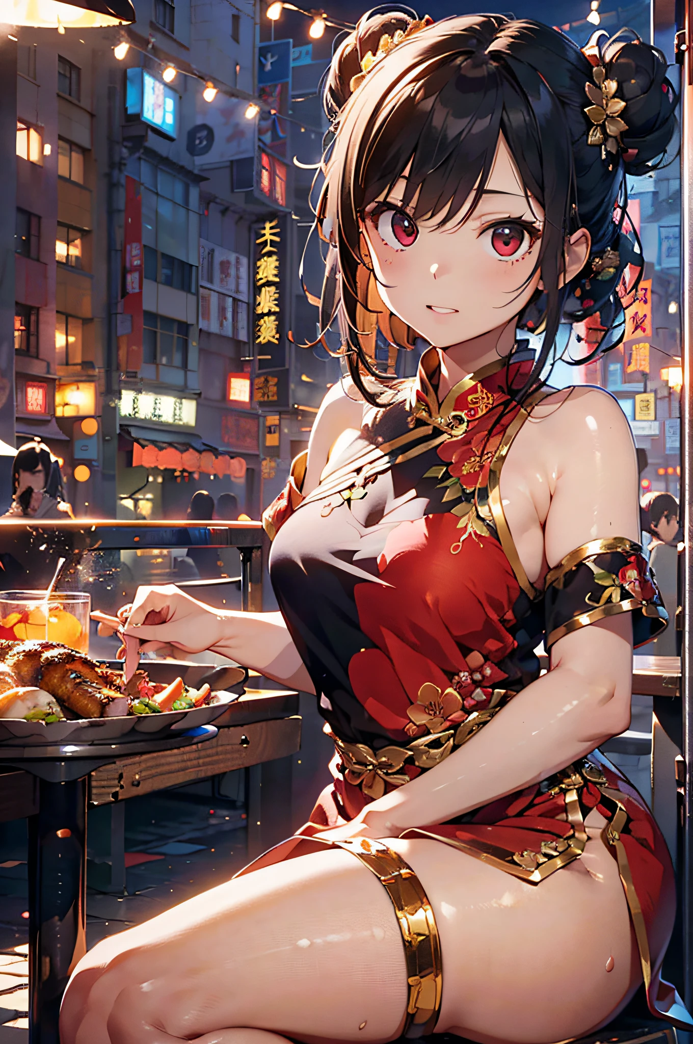 (Official art、Best Quality、Unity 8k Wallpapers、32K、masterpiece、ultra-detailliert、超A high resolution、realisitic、Photorealsitic:1.2)、(Cinematic lighting:1.2)、Fireglow effect、film grains、Best Shadows、Rim lighting、side lights、sideshot、(Ultra-detailed and complex 3D rendering)、Detailed beautiful face and eyes、A slender、Medium bust、(Full body:1.2)、 Highly detailed background、Chinese Restaurant、Carry dishes、beauitful face、blurry backround、a beauty girl、(super detailed skin、detailed skin textures:1.3)、Black hair、short-hair、Double bun、Red Eyes、Red cheongsam with gold thread embroidery、Wearing high heels、Floral hair ornament、(thighs thighs thighs thighs:0.9)、