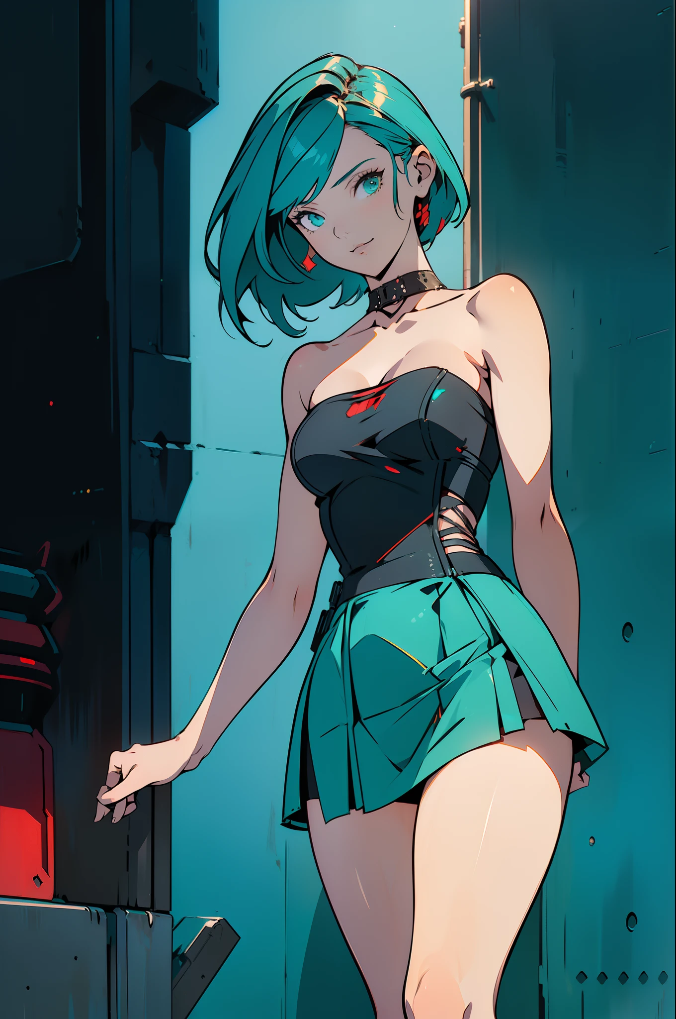 ((Best Quality)), ((Masterpiece)), ((Realistic)) 19 year old, redhead girl, shoulder length hair, relaxed happy face ((slender)) (busty), ((( dark turquoise bodycon strapless dress ))) ((( mini skirt ))) ((sexy )) cyberpunk attire, textured pixie haircut , medium shot. beautiful face,