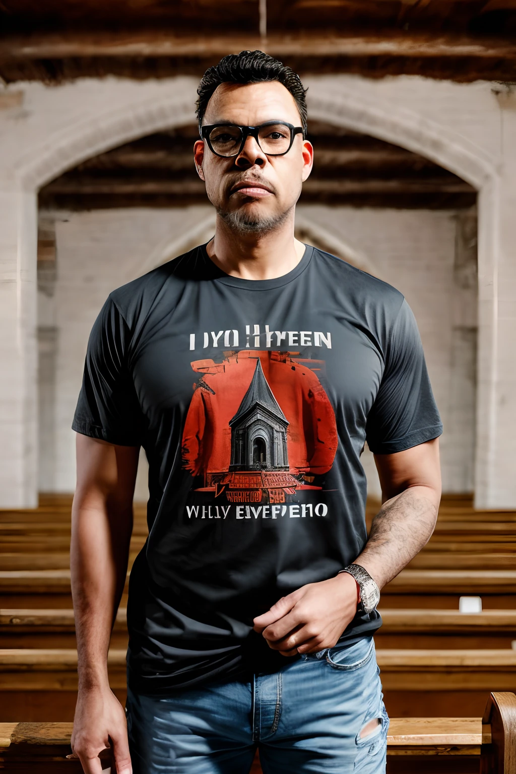 guttonerdvision10, um homem de oculos, vestindo camisa rasgada, ripped jeans, hypper detalhada, hyper realista, dentro de uma igreja abandonada, 8k