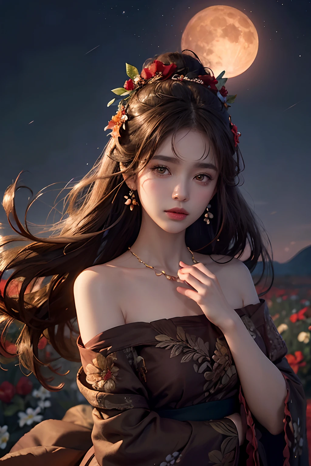 1girl, blurry, blurry_background, brown_eyes, brown_hair, depth_of_field, earrings, flower, full_moon, hair_flower, hair_ornament, lips, looking_at_viewer, moon, moonlight, night, night_sky, outdoors, red_flower, red_moon, sky, solo