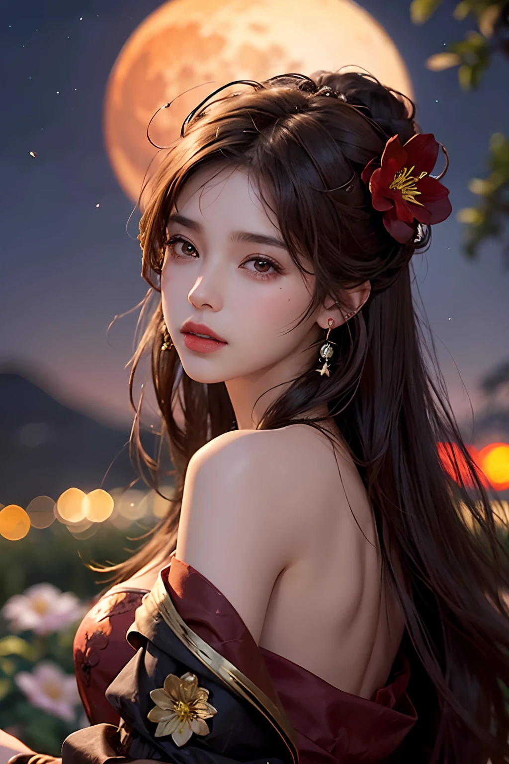 1girl, blurry, blurry_background, brown_eyes, brown_hair, depth_of_field, earrings, flower, full_moon, hair_flower, hair_ornament, lips, looking_at_viewer, moon, moonlight, night, night_sky, outdoors, red_flower, red_moon, sky, solo