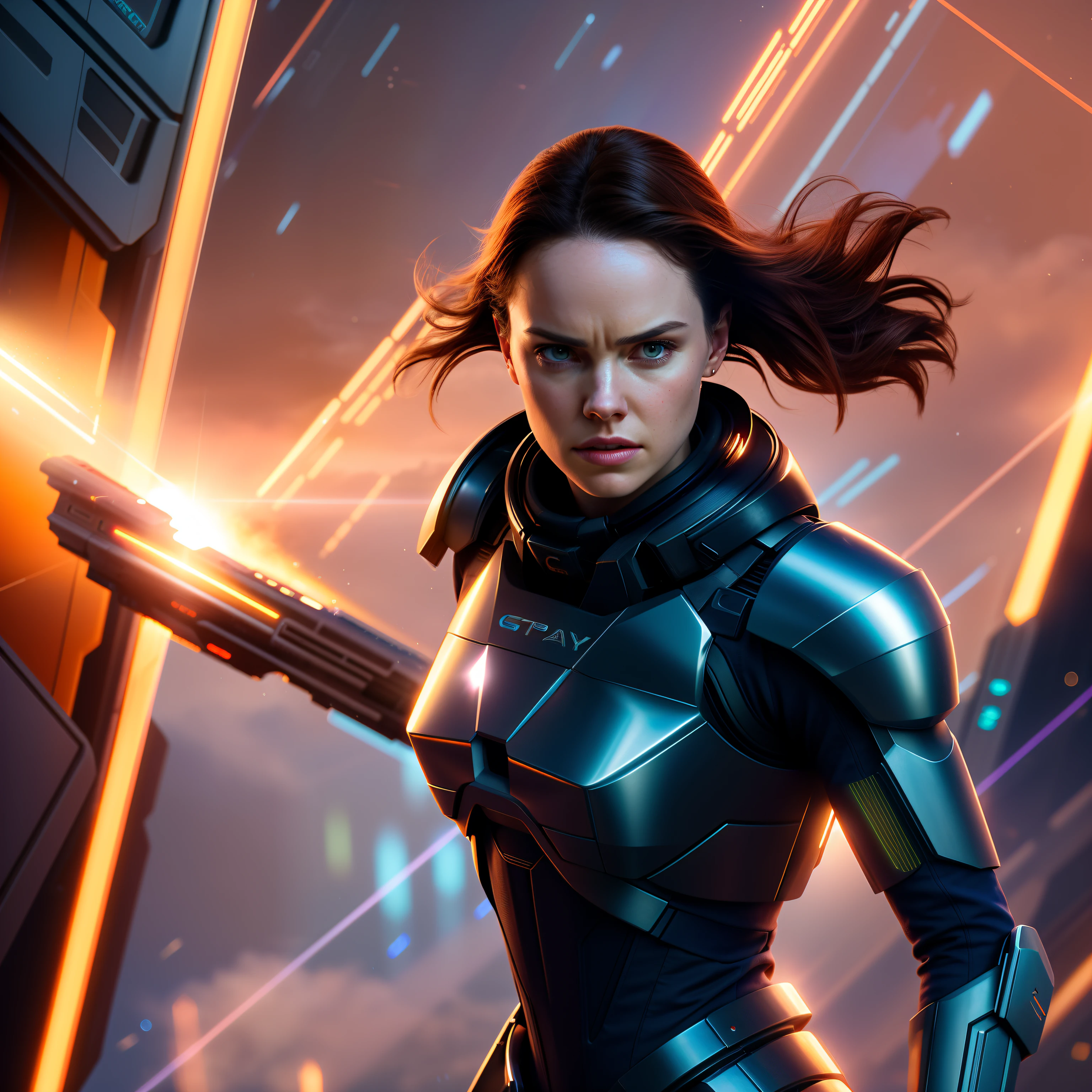 a close up action of epic Sci fi hot Daisy Ridley in a sci fi white tech suit clothes cabelos longos brancos, Detailed clothing details, Liquid effect, space, heavenly body, Interstellar battlefield photography, natural light, photorealism, cinematic rendering, ray tracing, the highest quality, the highest detail, Cinematic, Third-Person View, Blur Effect, Long Exposure, 8K, Ultra-HD, Natural Lighting, Moody Lighting, Cinematic Lighting