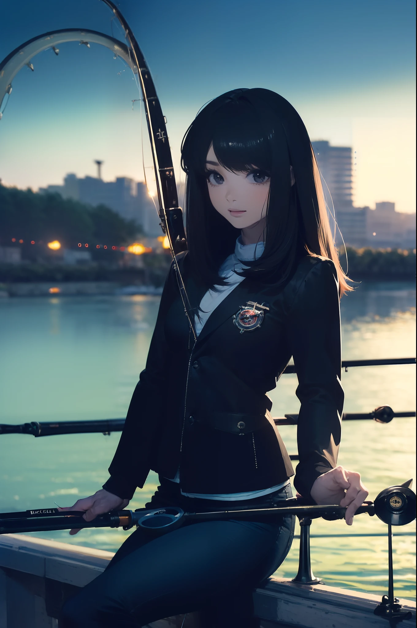 ((((having a fishing rod with a reel by the lakeside:1.5)))),((Female 28 years old)),((Best Quality:1.5)),(((Hands with the correct number and structure of fingers:1.4))),((Big fish:1.37)),hight resolution,ultra-detailliert,masterpiece,best qualtiy,(Eight-headed body),Black hair, long eyes-lashes, Solid Circle Eyes, drop shadow, Atmospheric perspective,Super Detail, ccurate, small brest,(Black jacket and black jeans :1.1),top-quality, blurry backround, bokeh dof:1.2, (masterpiece:1.3), Atmospheric perspective,Super Detail,dynamic compositions,