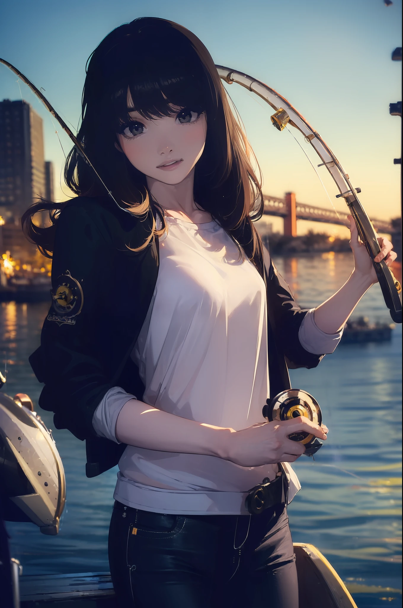 ((((having a fishing rod with a reel by the lakeside:1.5)))),((Female 28 years old)),((Best Quality:1.5)),(((Hands with the correct number and structure of fingers:1.4))),((Big fish:1.37)),hight resolution,ultra-detailliert,​masterpiece,best qualtiy,(Eight-headed body),Black hair, long eyes-lashes, Solid Circle Eyes, drop shadow, Atmospheric perspective,Super Detail, ccurate, small brest,(Black jacket and black jeans :1.1),top-quality, blurry backround, bokeh dof:1.2, (​masterpiece:1.3),  Atmospheric perspective,Super Detail,dynamic compositions,