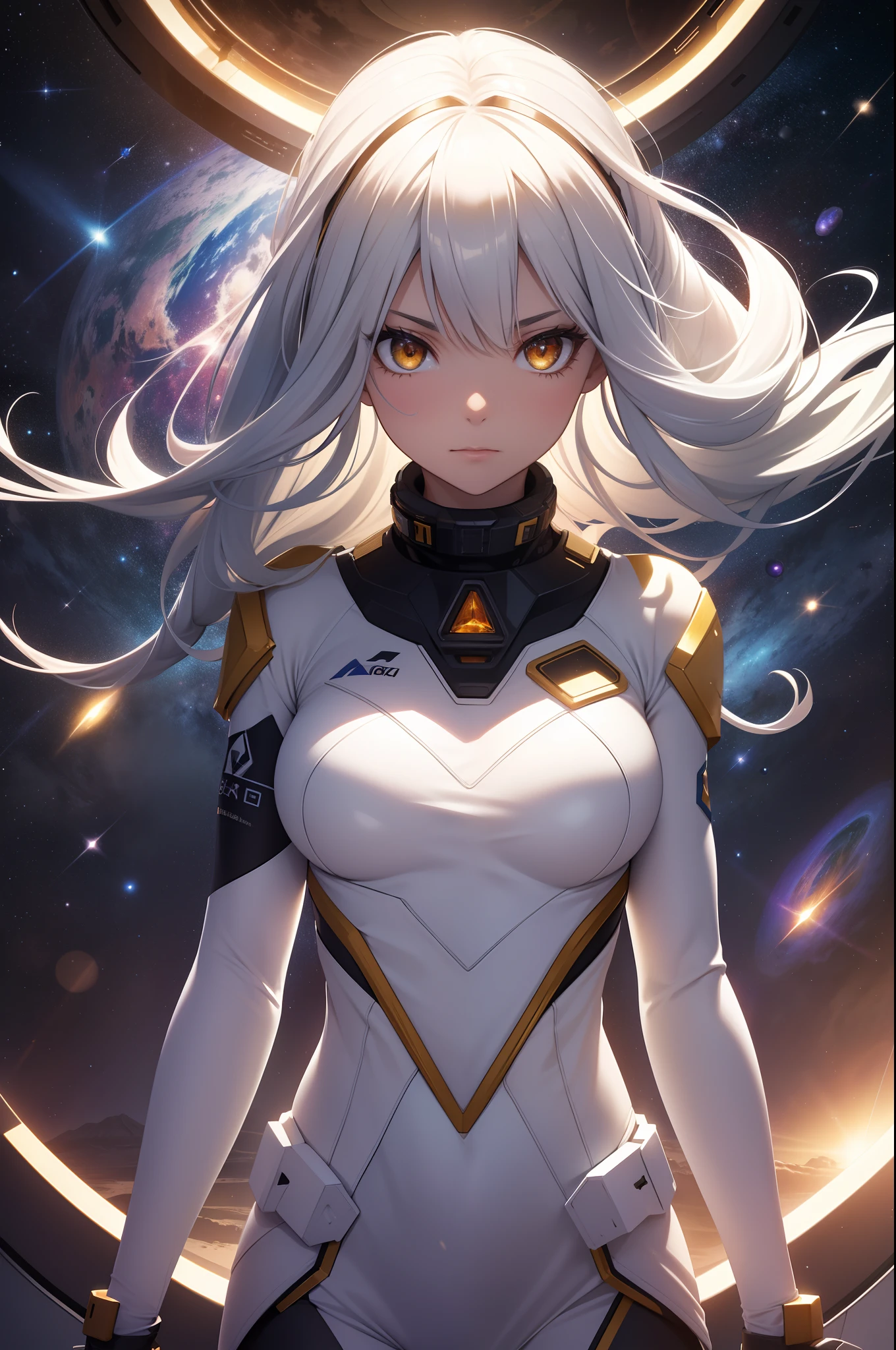 Absurd resolution, high resolution, (masterpiece: 1.4), super detail, a girl, very long straight hair, silver hair colorful, big yellow crystal eyes, seductive face, determined face, from above, space, flying in the space, no G, (flyting space girl), ISS space center, looking to the viewers, spacesuit, big blue earth in the back, sun rising from behind the earth, shining, sunlight, fractal art, 3D, white shining metal space suite with amber color line, shining