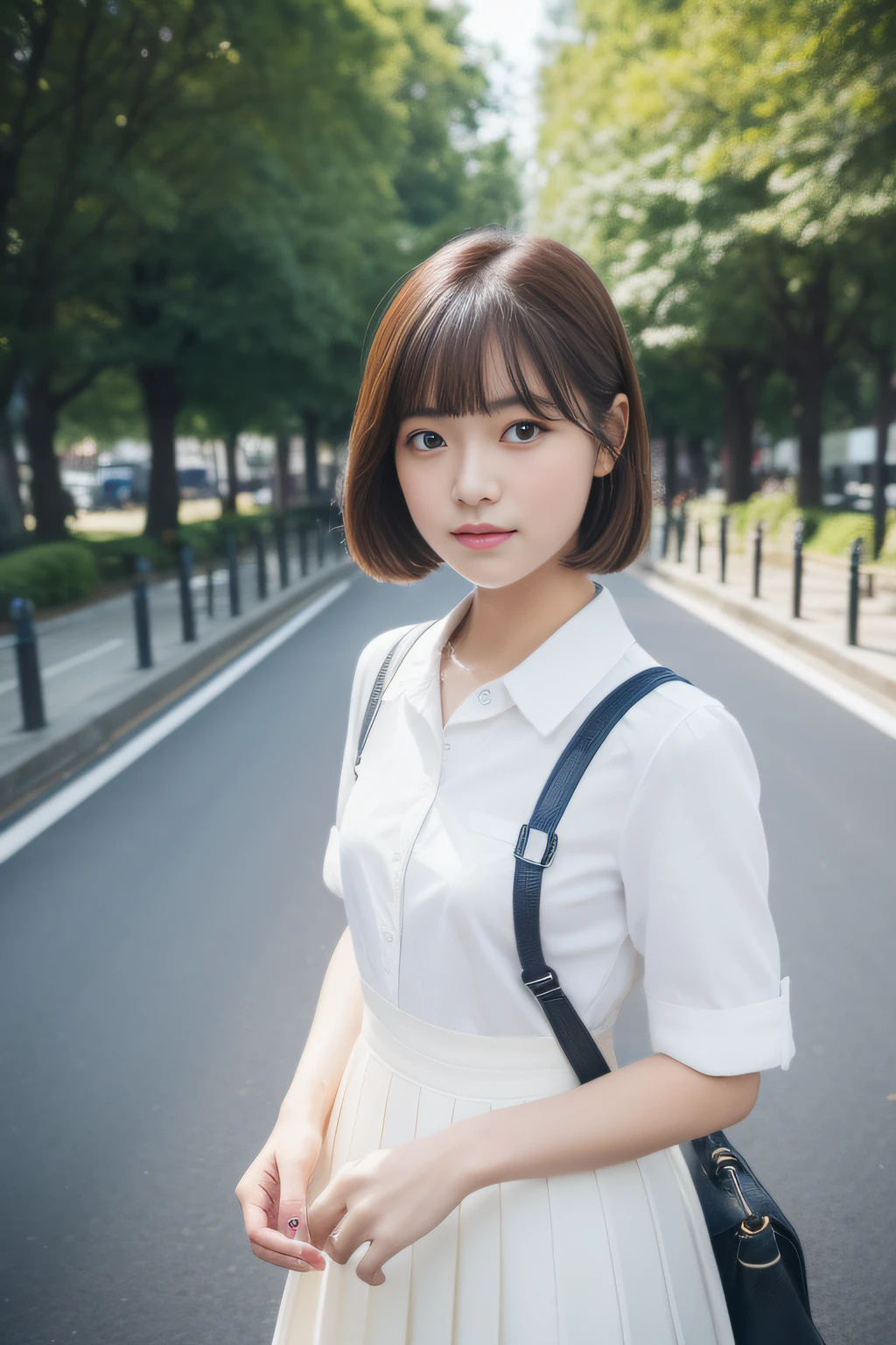 ((top-quality、8k picture、​masterpiece:1.3)),(cute little、Women in Japan、Pure actress、18year old),(Girls' High School School Uniform、shortsleeves、unclear、Beautiful dressing、1 Student bag)、Dark brown hair、Clear black eyes、commuting to school、walkway、Street Trees、Refreshing weather、Idyllic atmosphere、morning、Gravure photography、Close-up from the knee up、